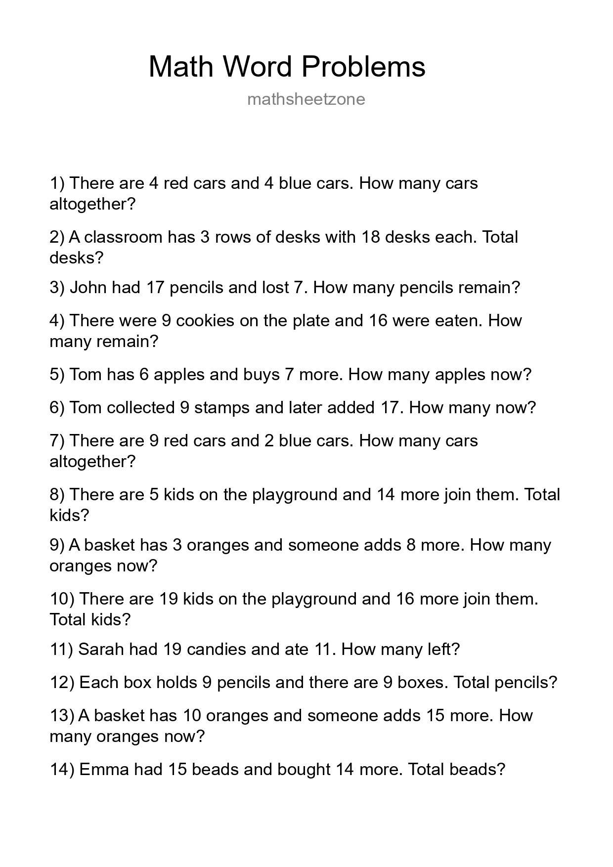 Math Word Problem Worksheet