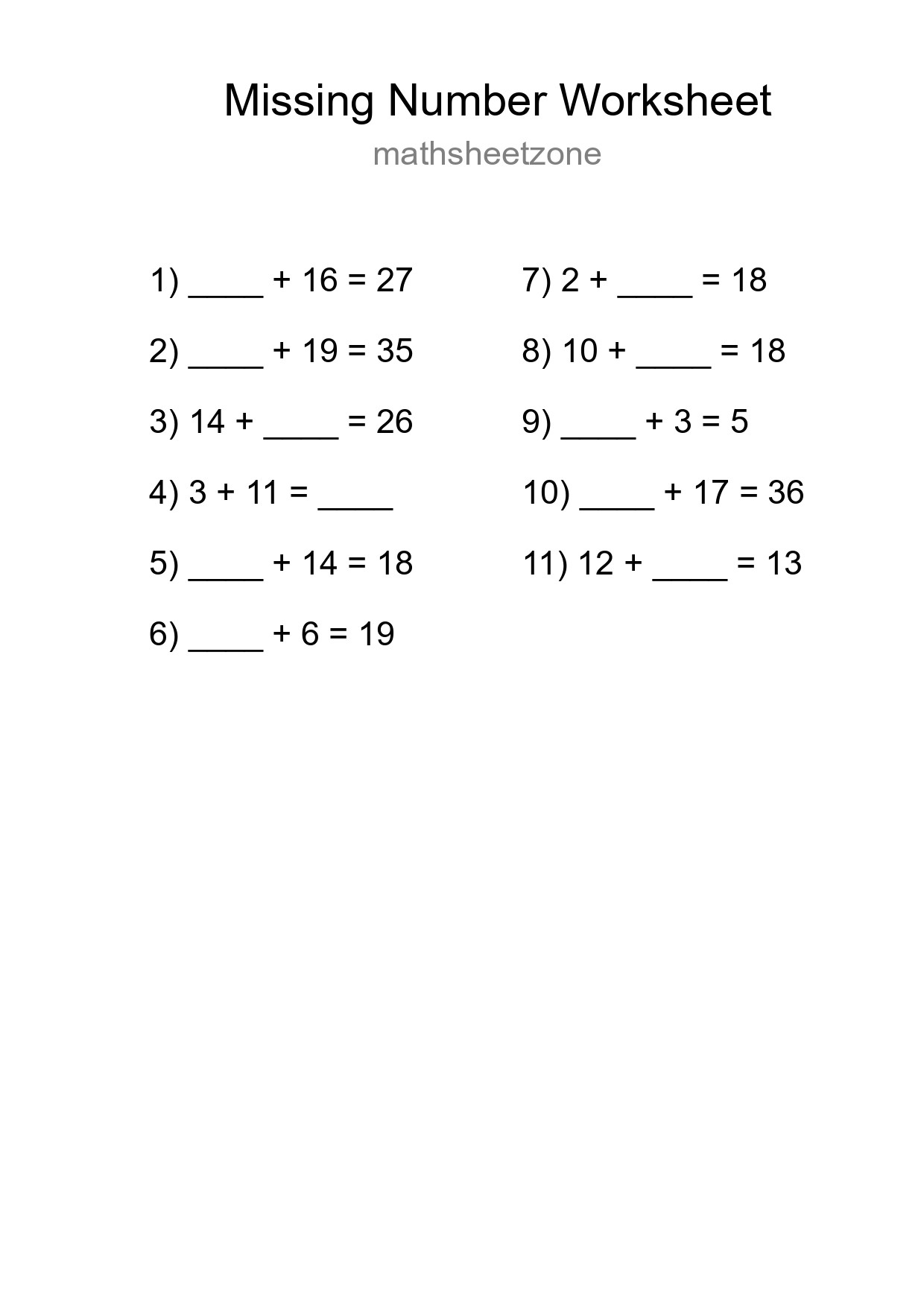 Missing Number Math Worksheet