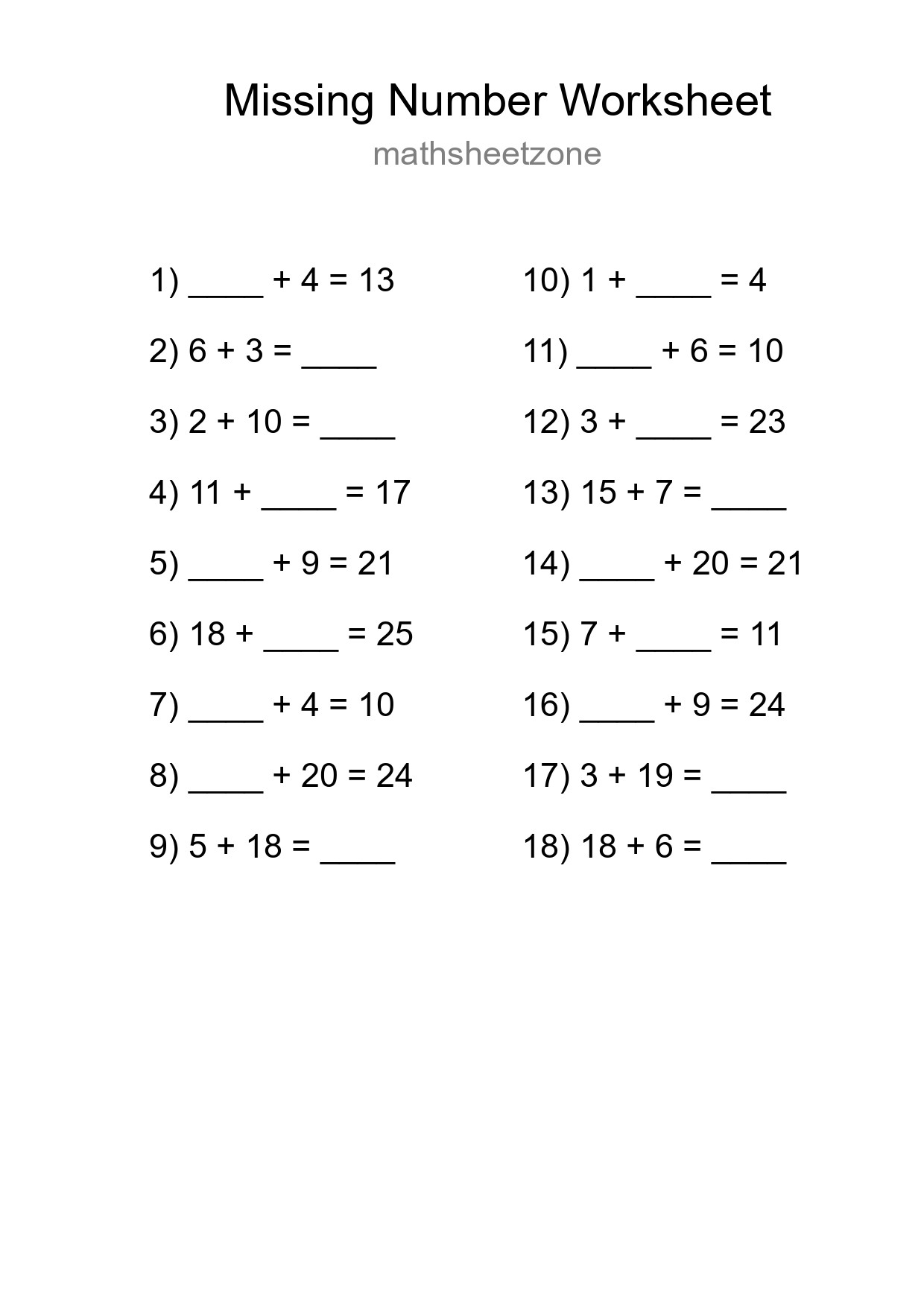 Missing Number Math Worksheet
