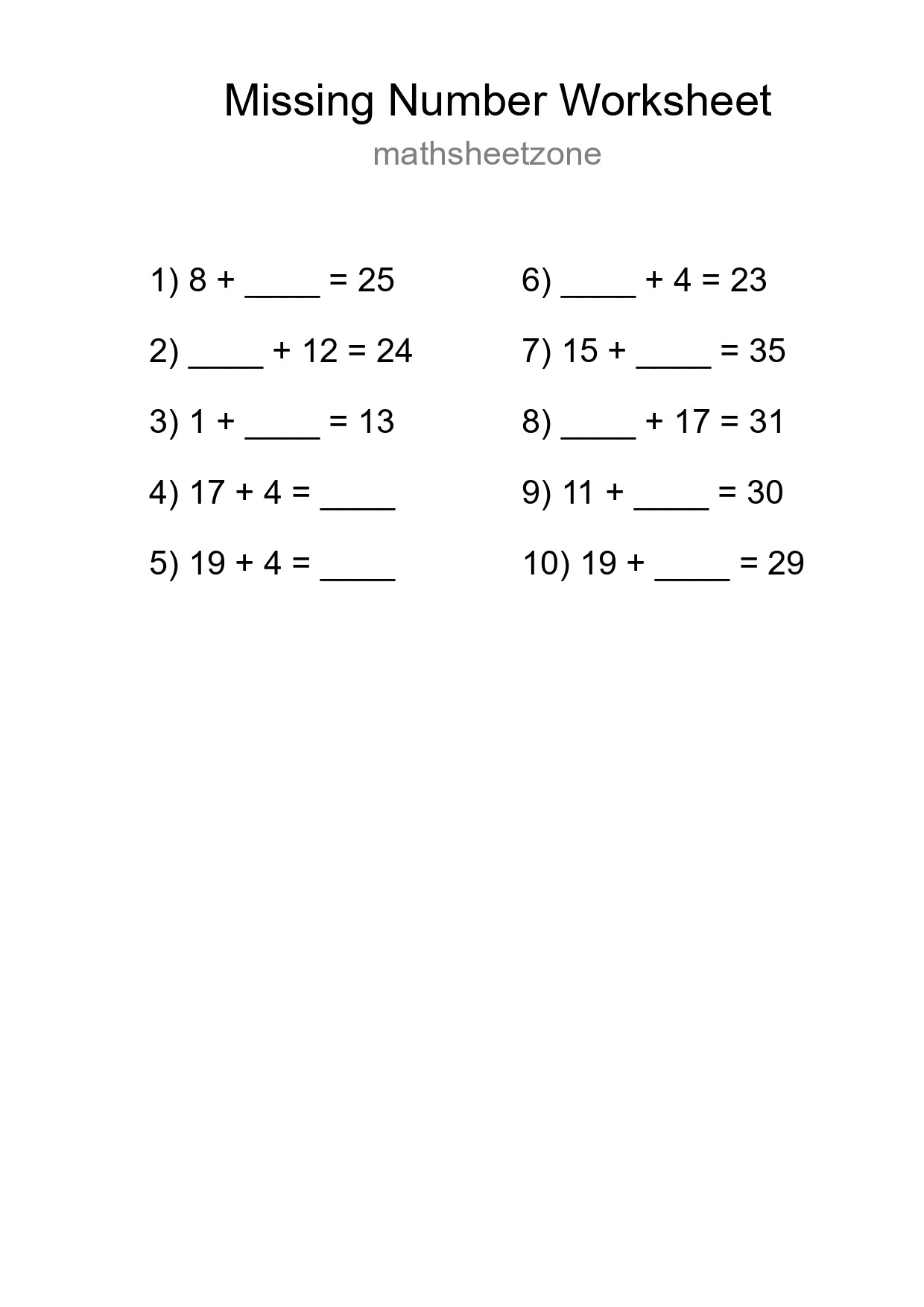 Missing Number Math Worksheet