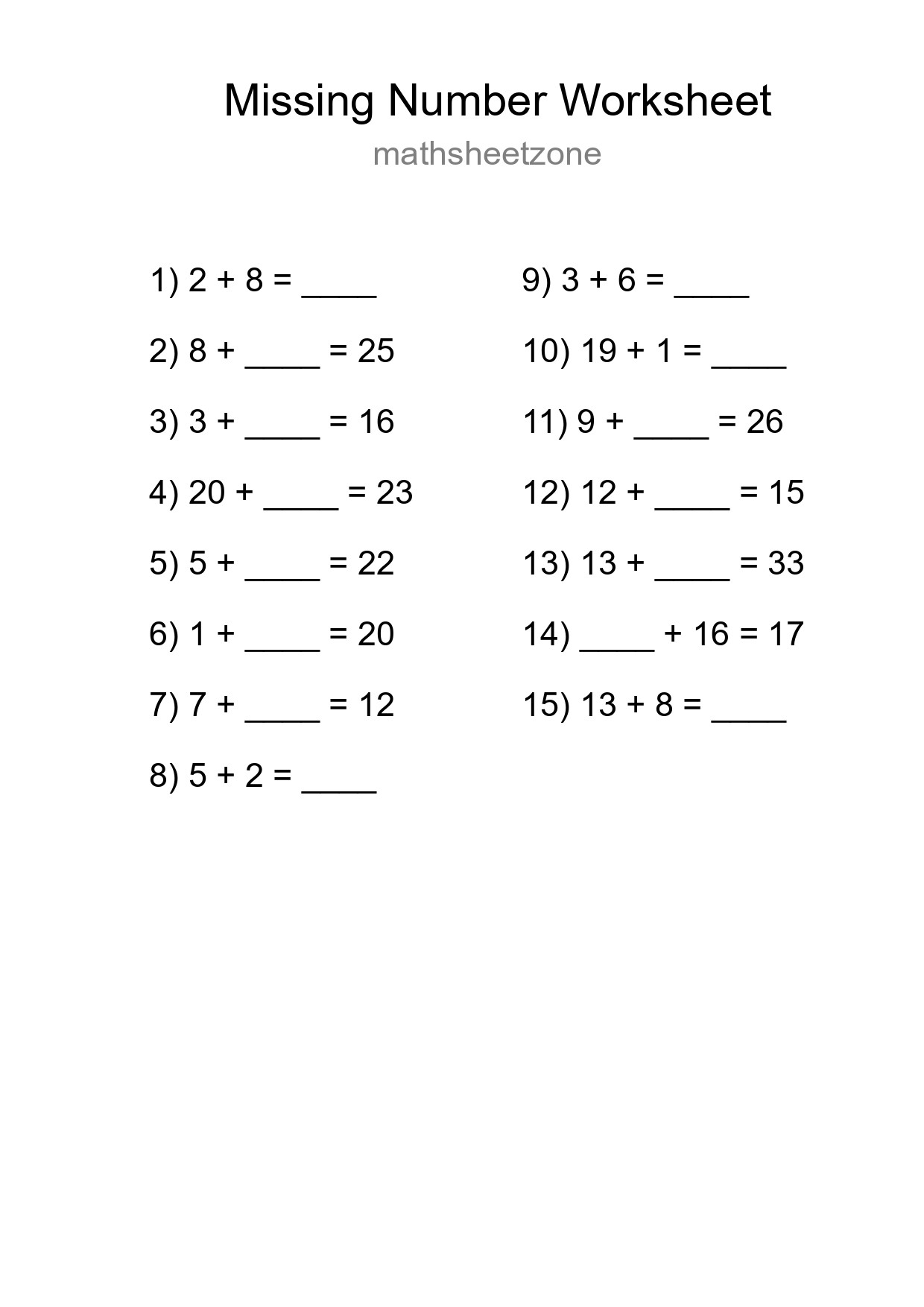 Missing Number Math Worksheet