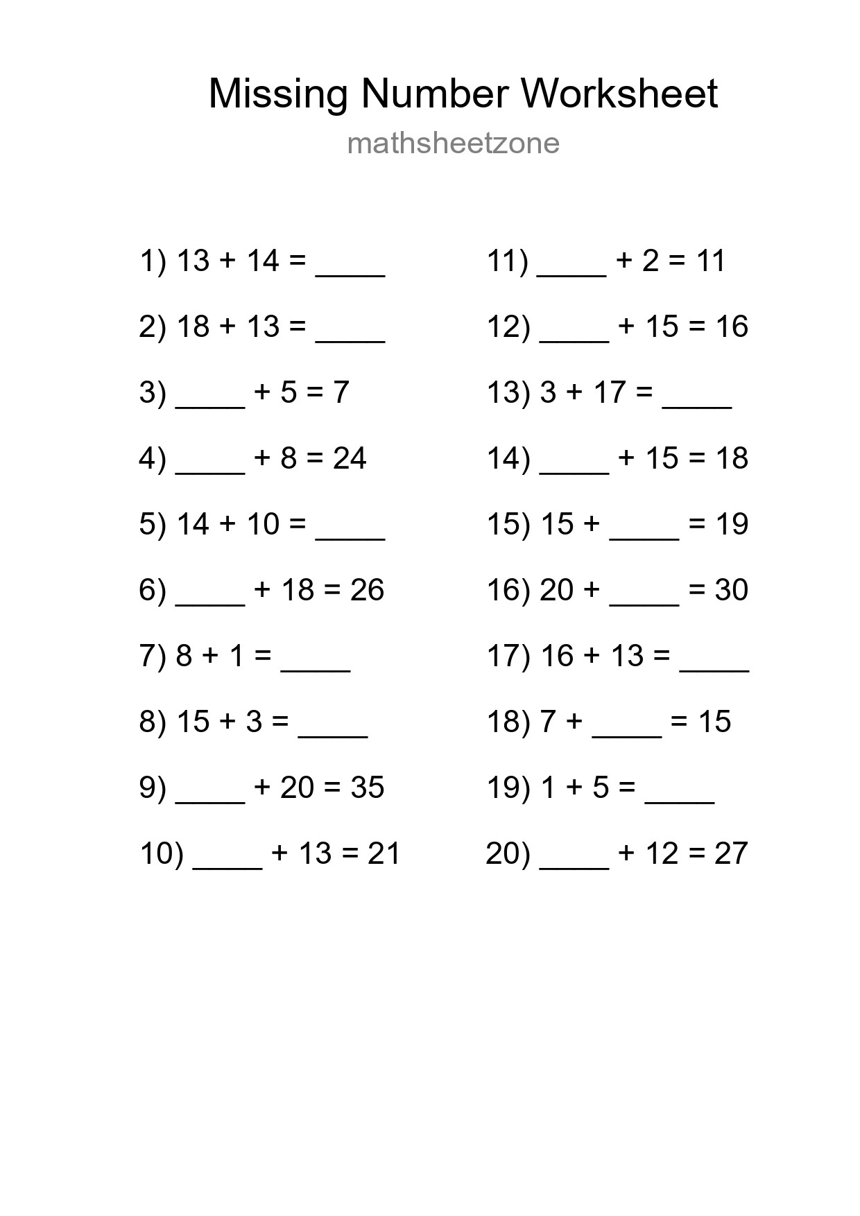 Missing Number Math Worksheet