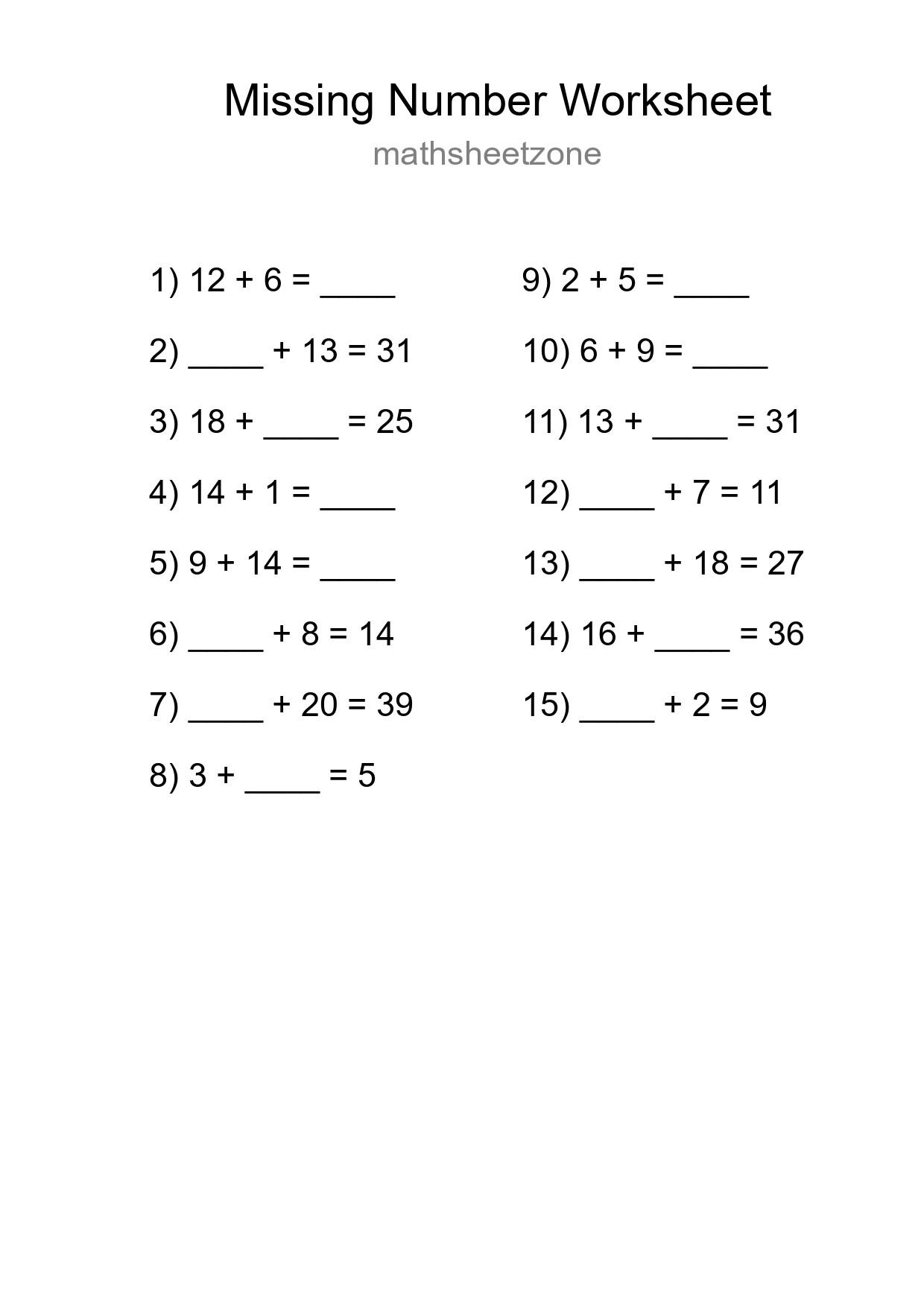 Missing Number Math Worksheet