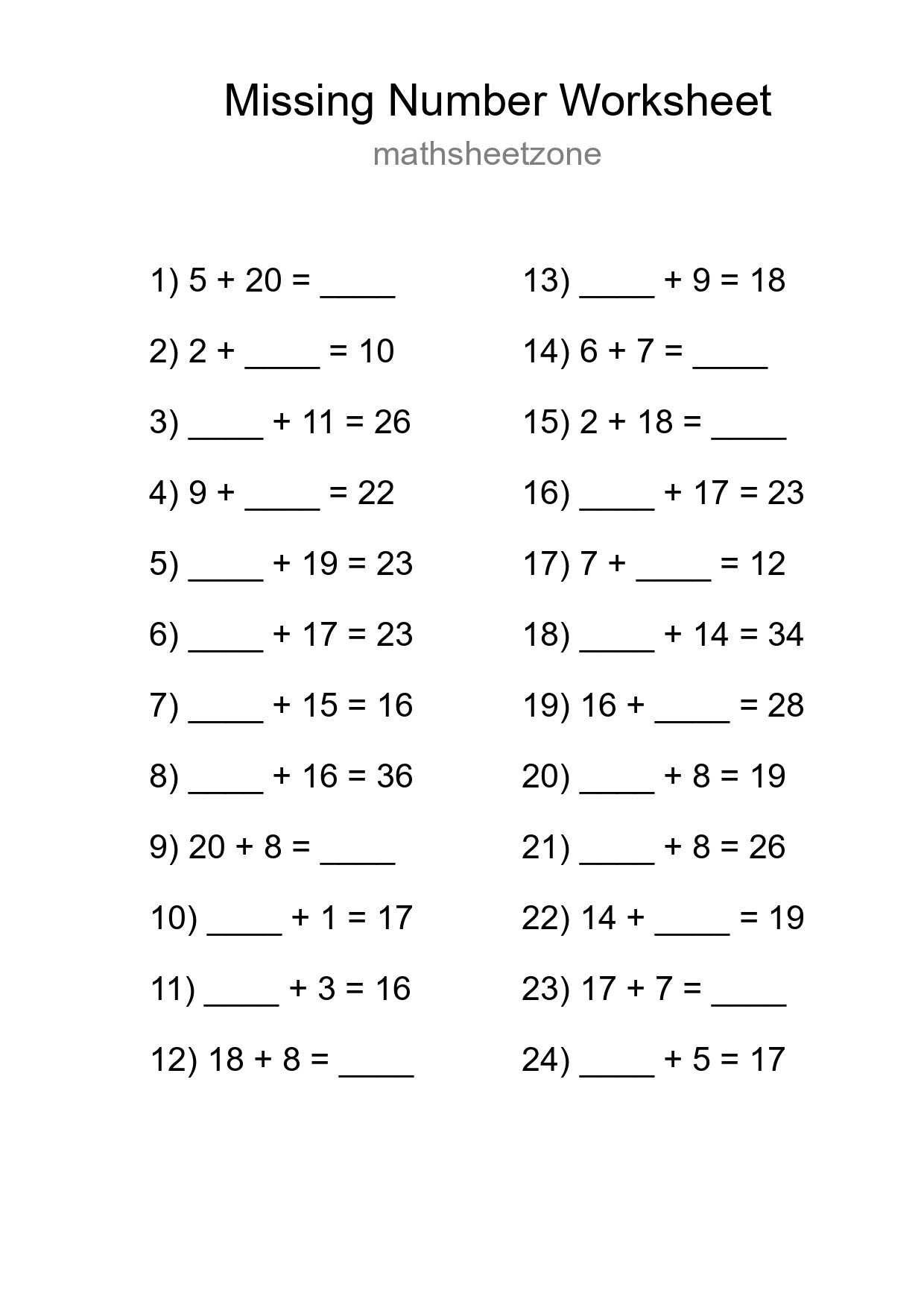 Missing Number Math Worksheet