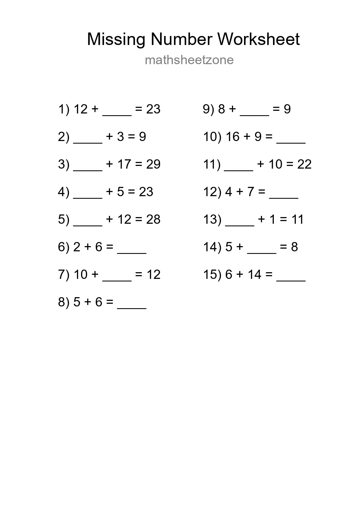 Missing Number Math Worksheet