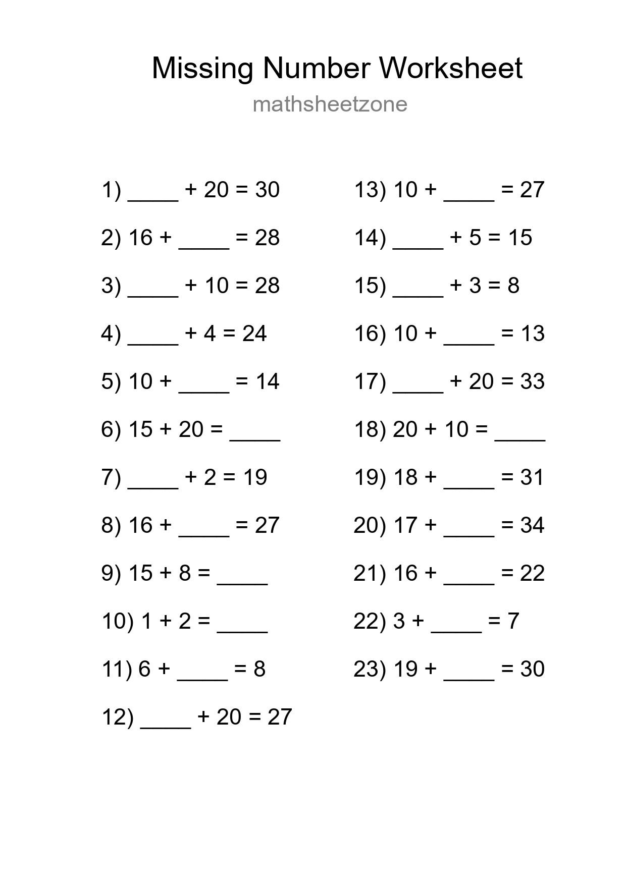 Missing Number Math Worksheet