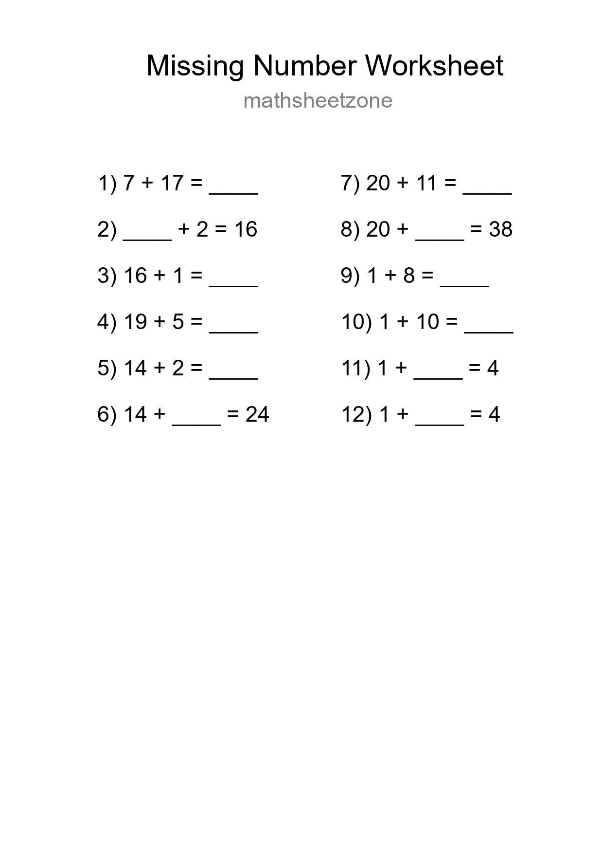 Missing Number Math Worksheet