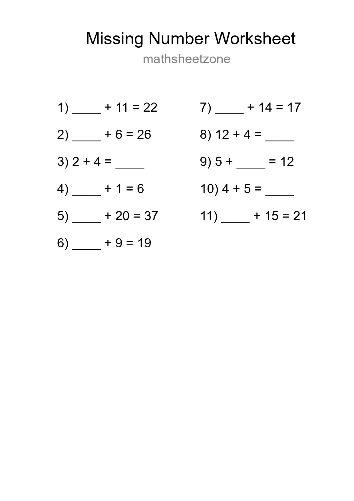 Missing Number Math Worksheet