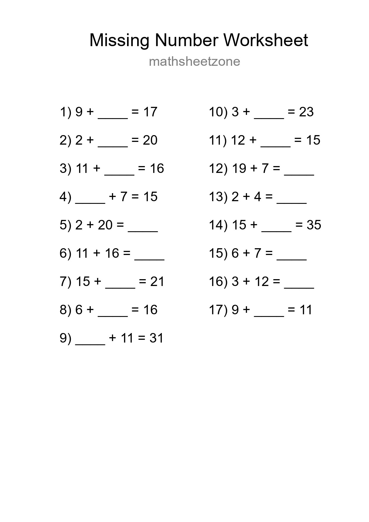 Missing Number Math Worksheet