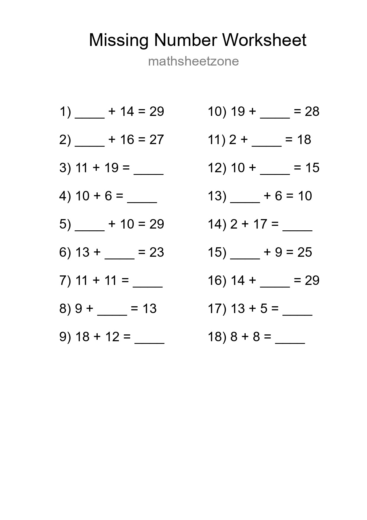 Missing Number Math Worksheet