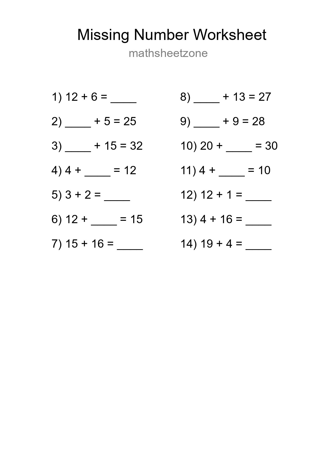 Missing Number Math Worksheet
