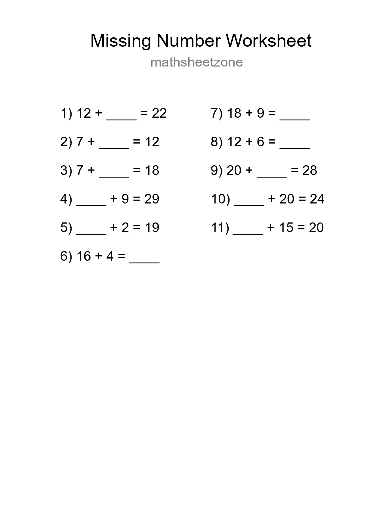 Missing Number Math Worksheet