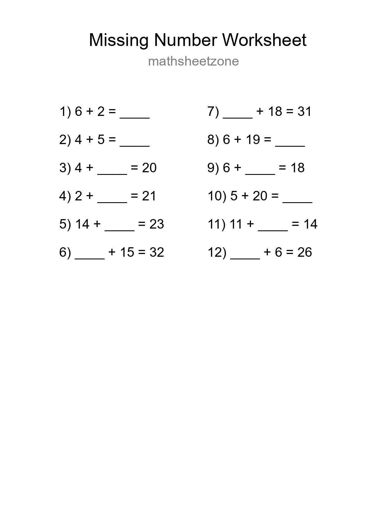 Missing Number Math Worksheet