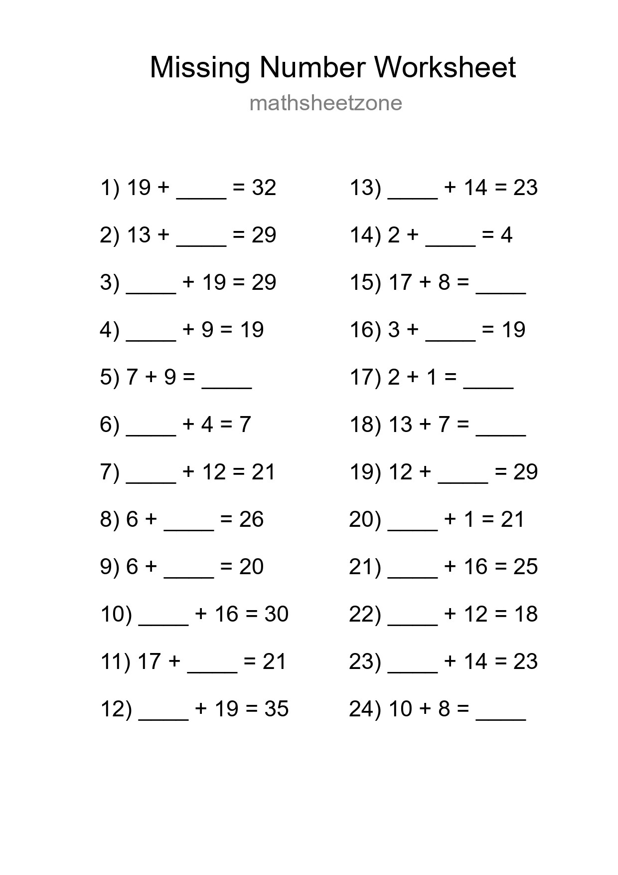 Missing Number Math Worksheet