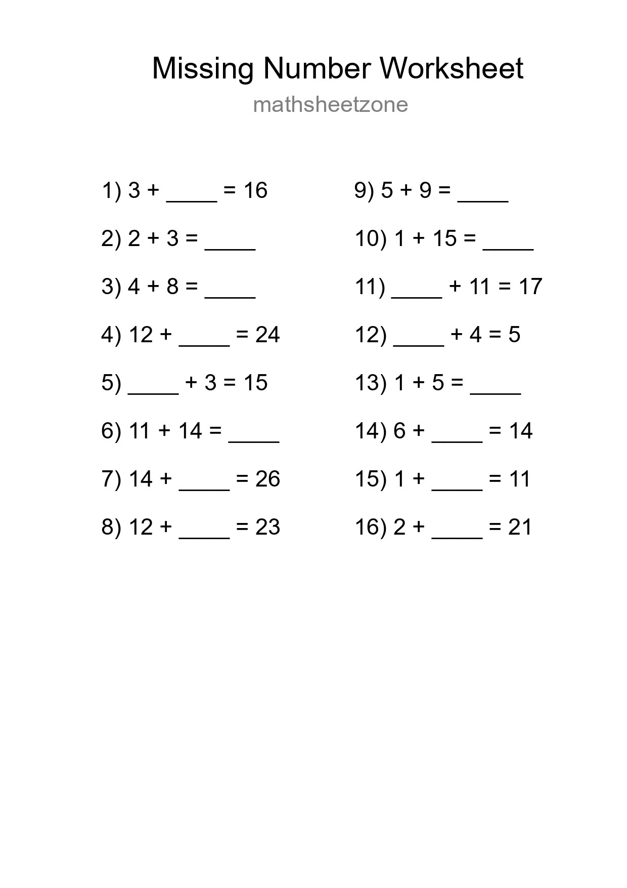 Missing Number Math Worksheet