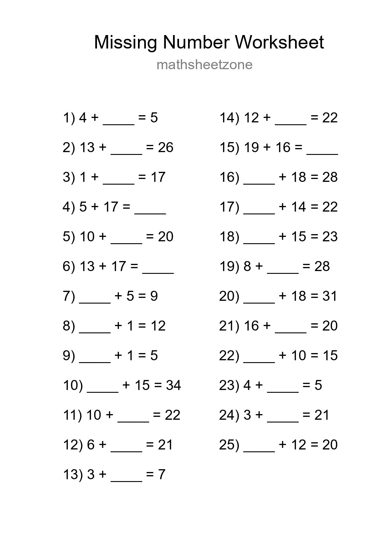 Missing Number Math Worksheet