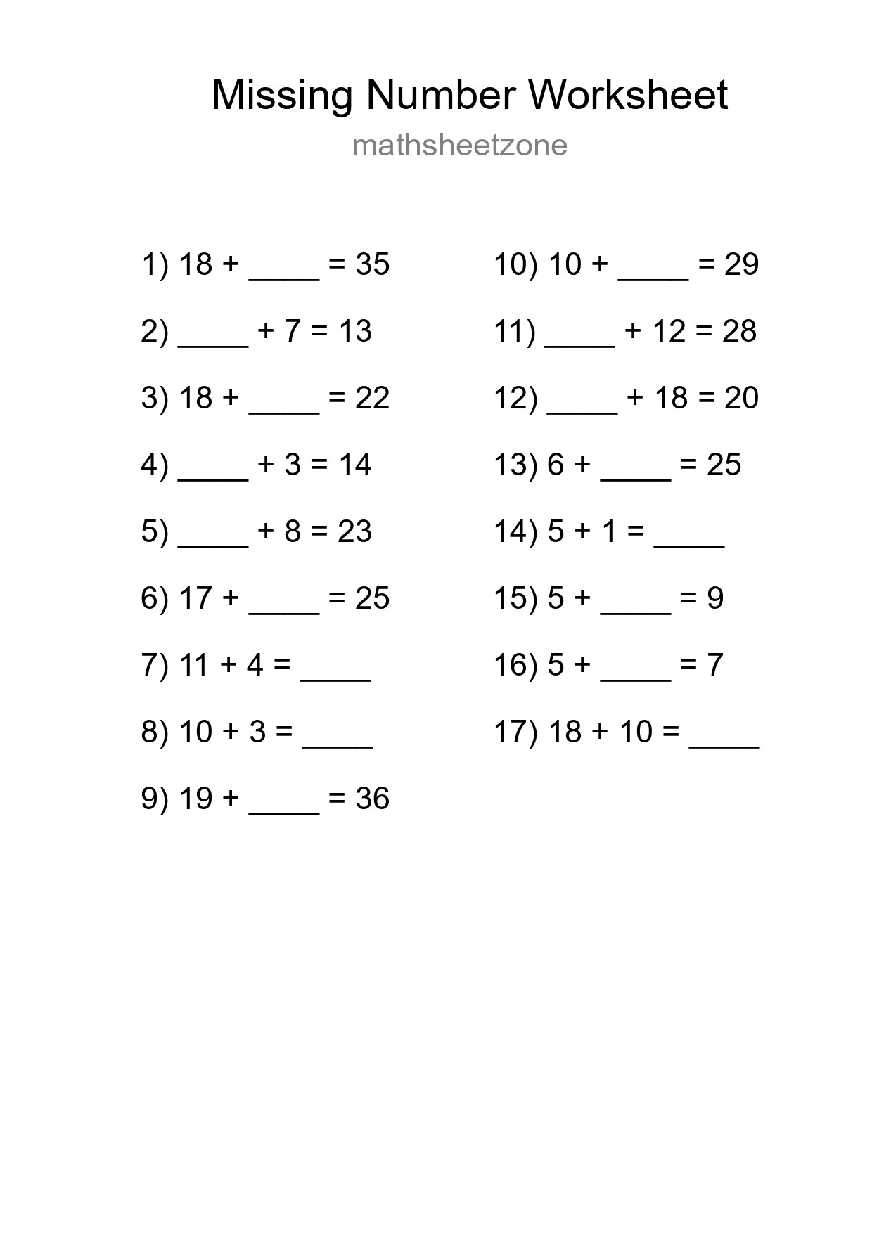 Missing Number Math Worksheet