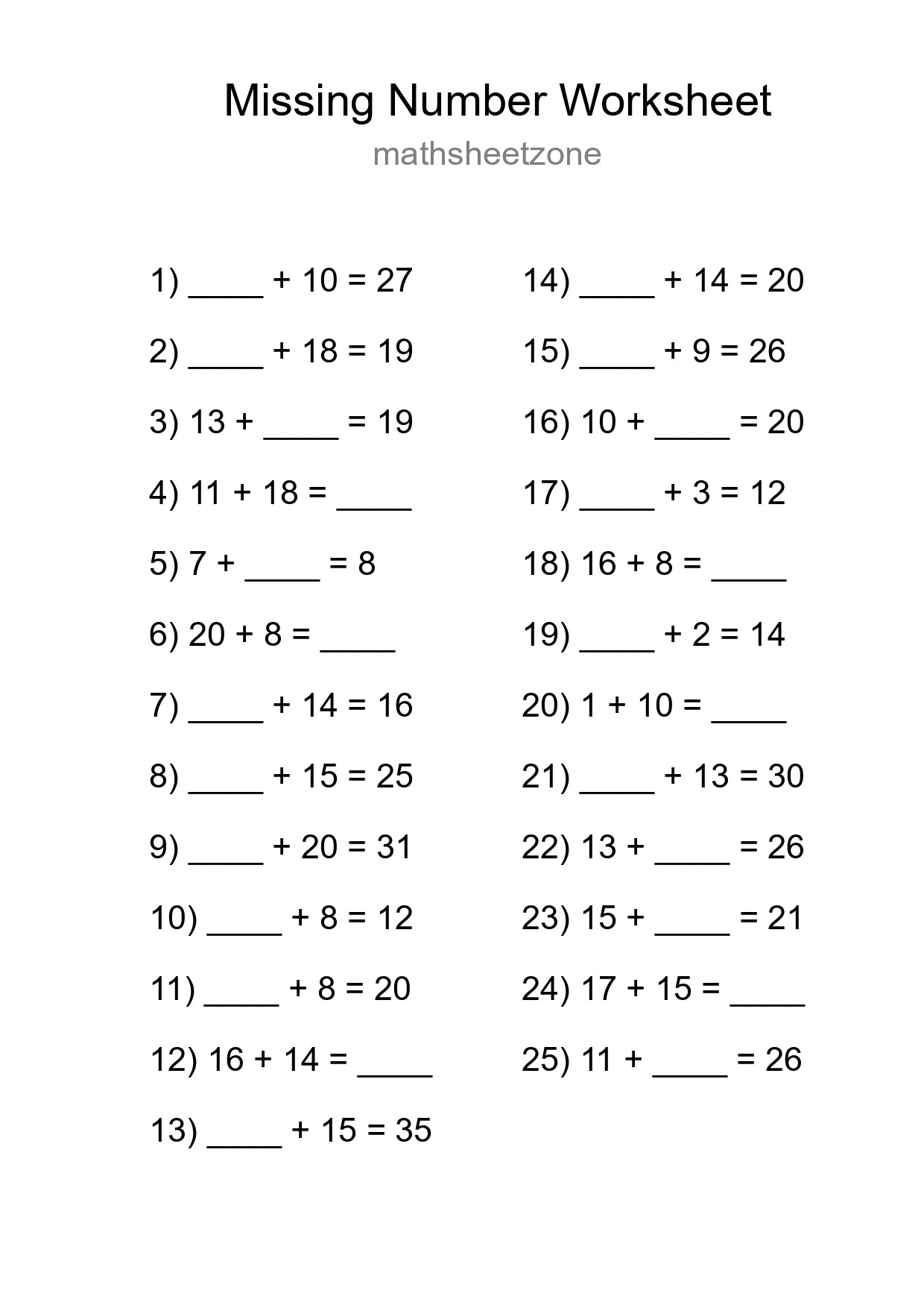Missing Number Math Worksheet