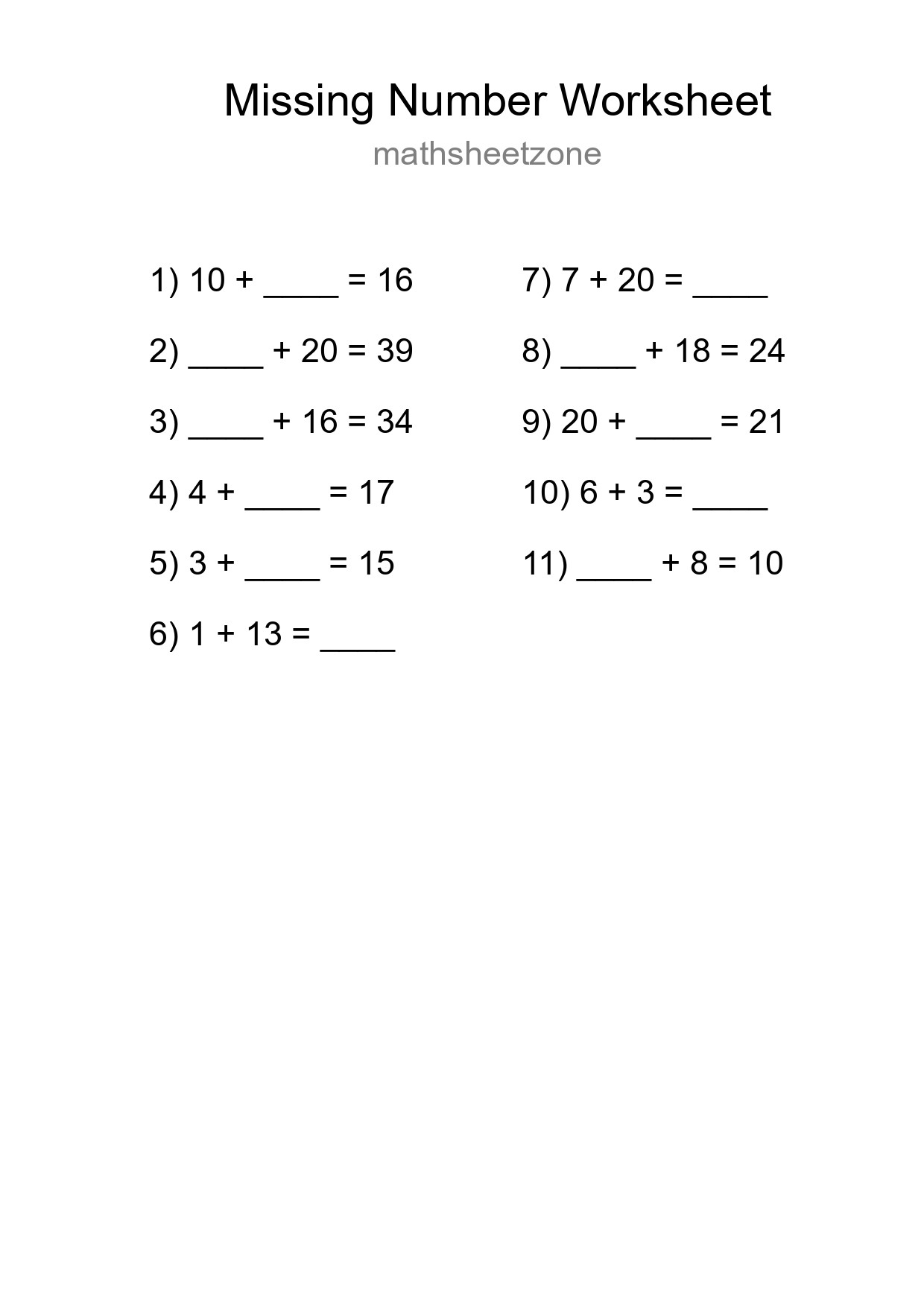 Missing Number Math Worksheet
