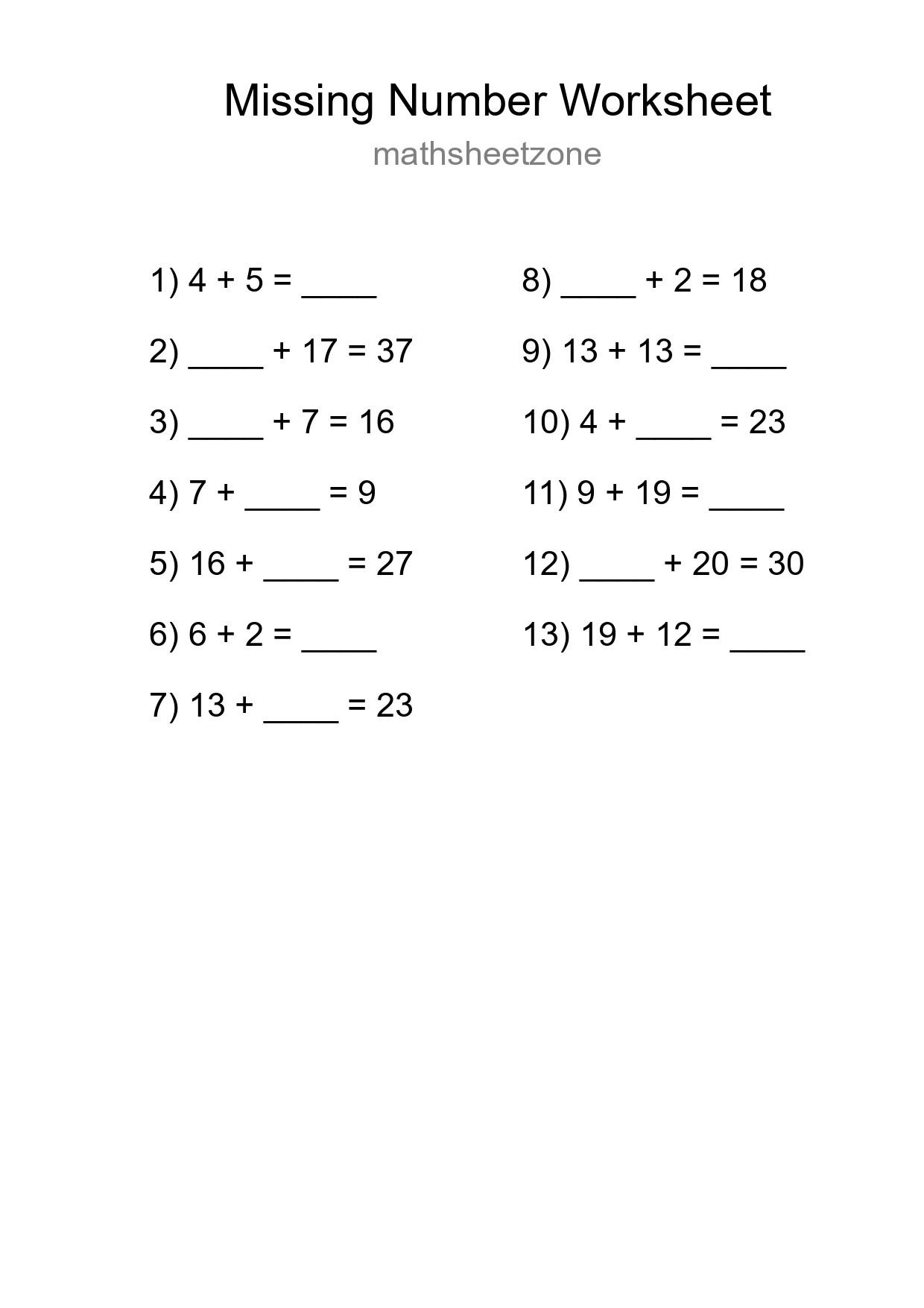 Missing Number Math Worksheet