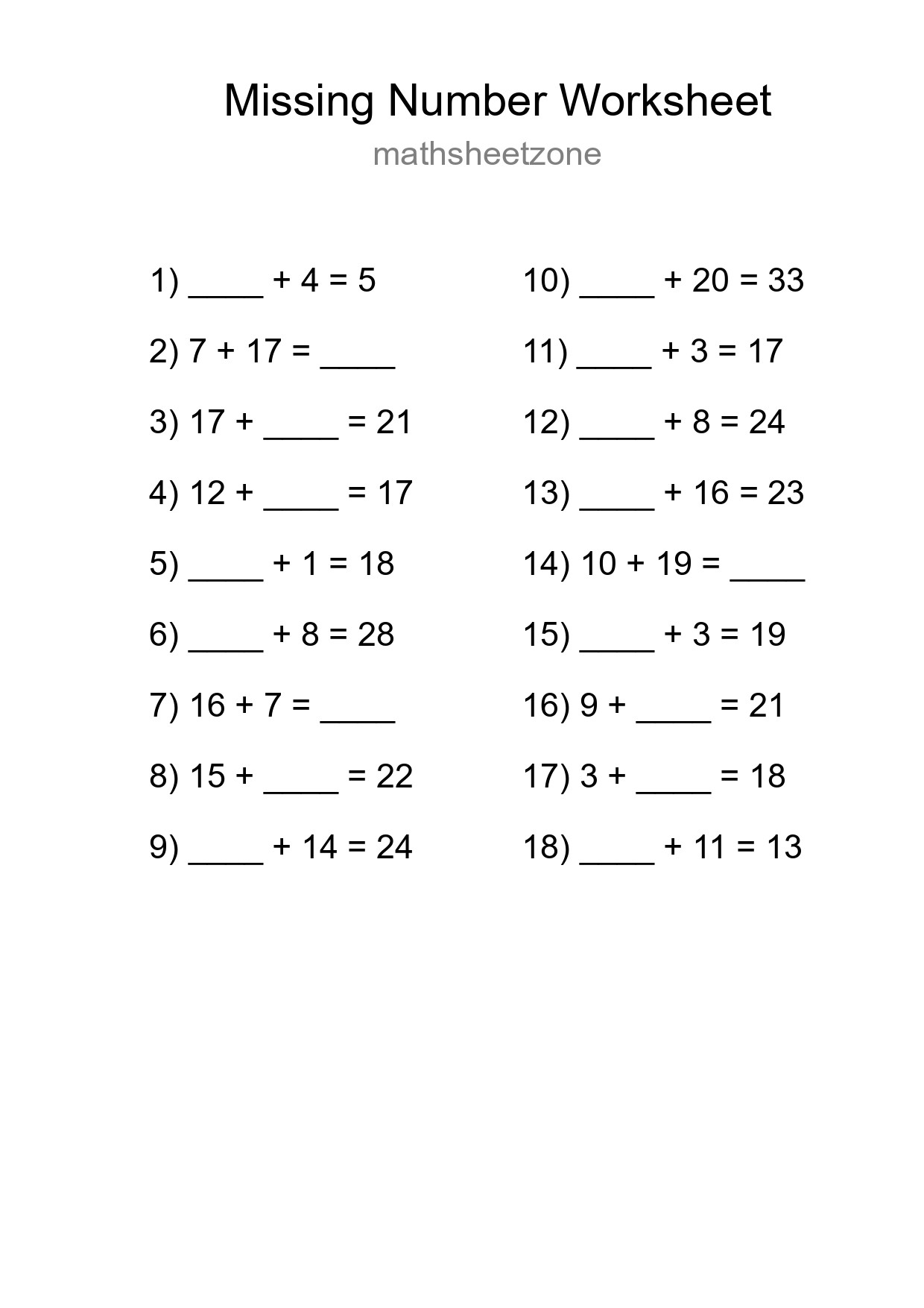 Missing Number Math Worksheet