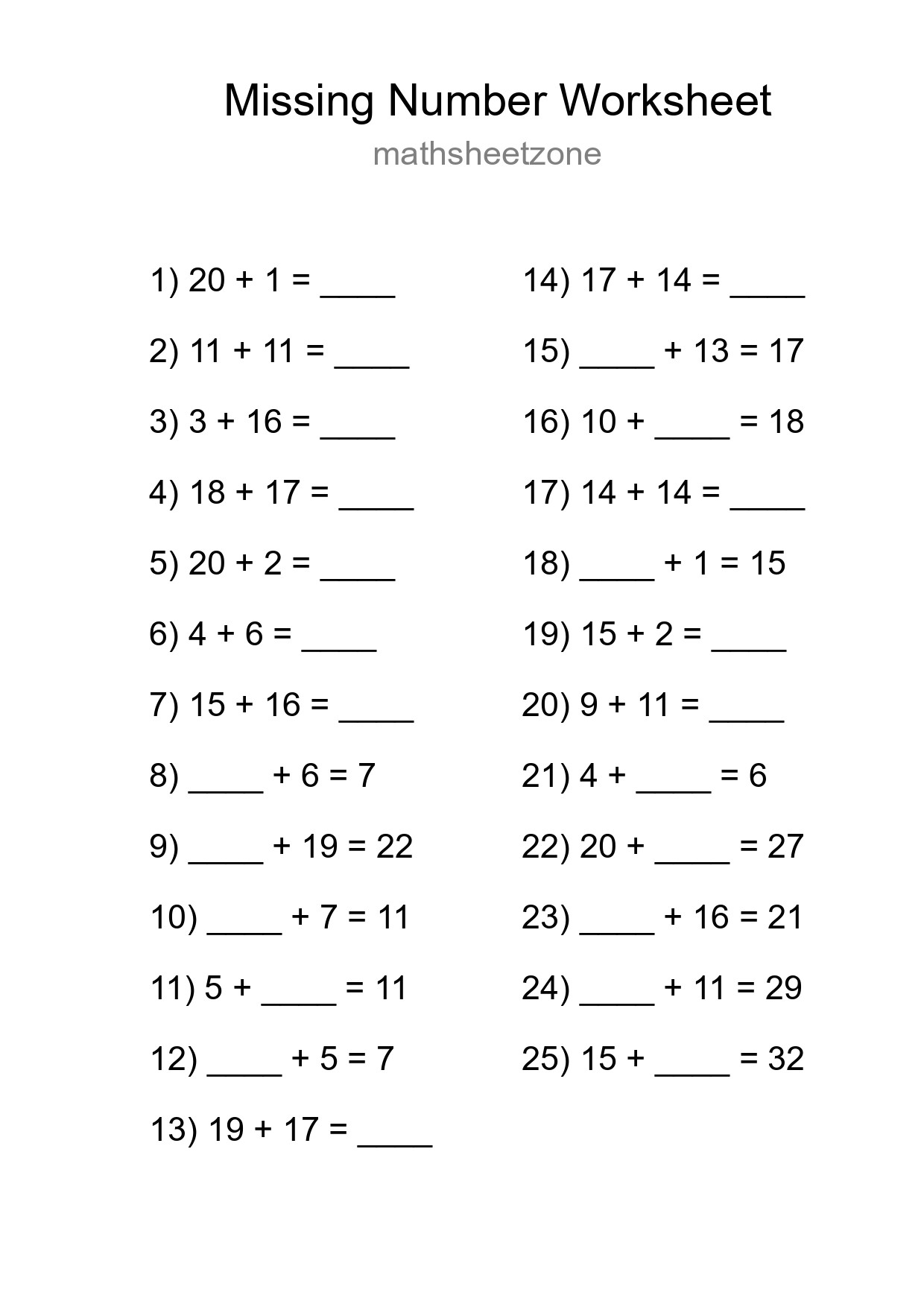 Missing Number Math Worksheet