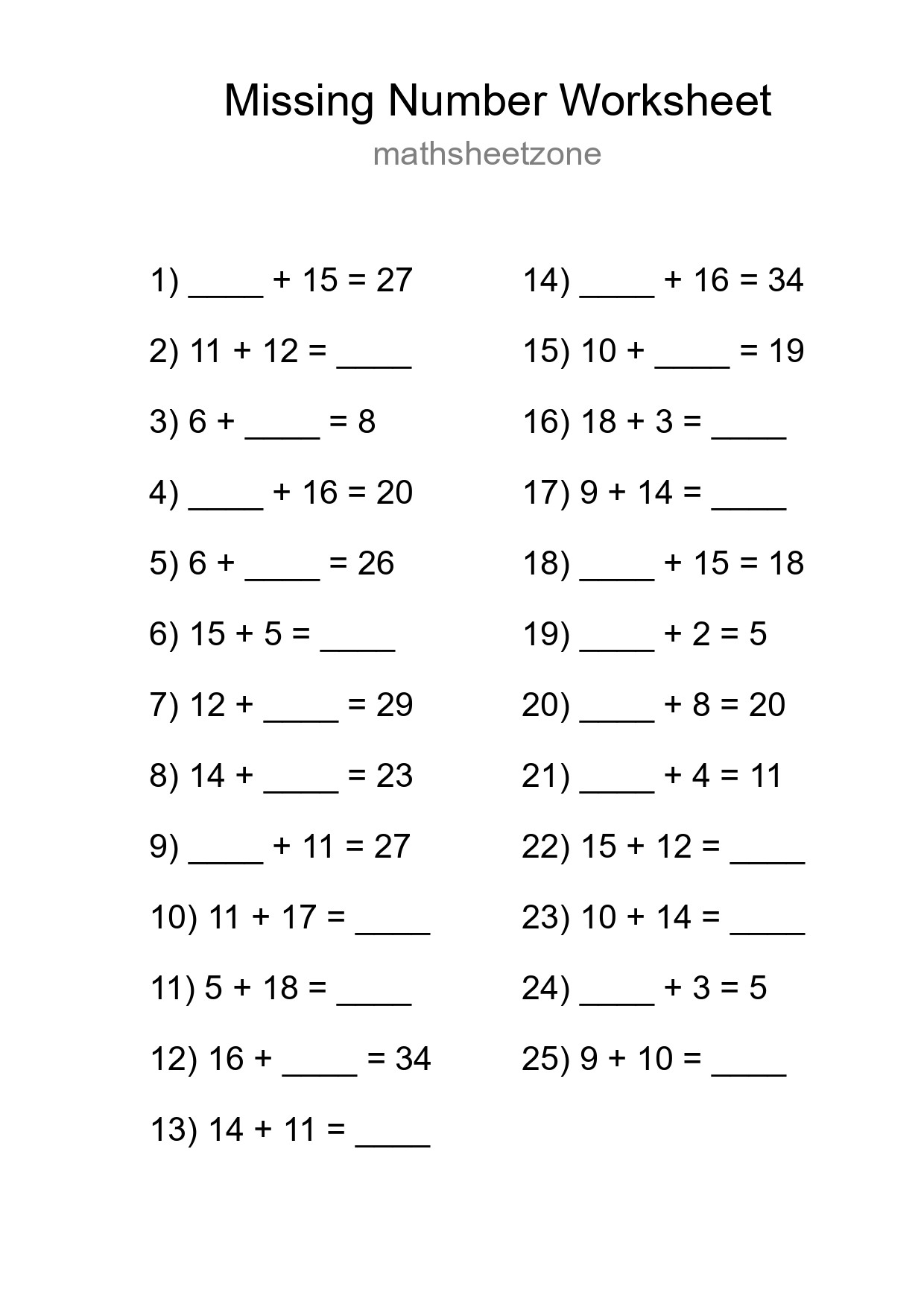 Missing Number Math Worksheet