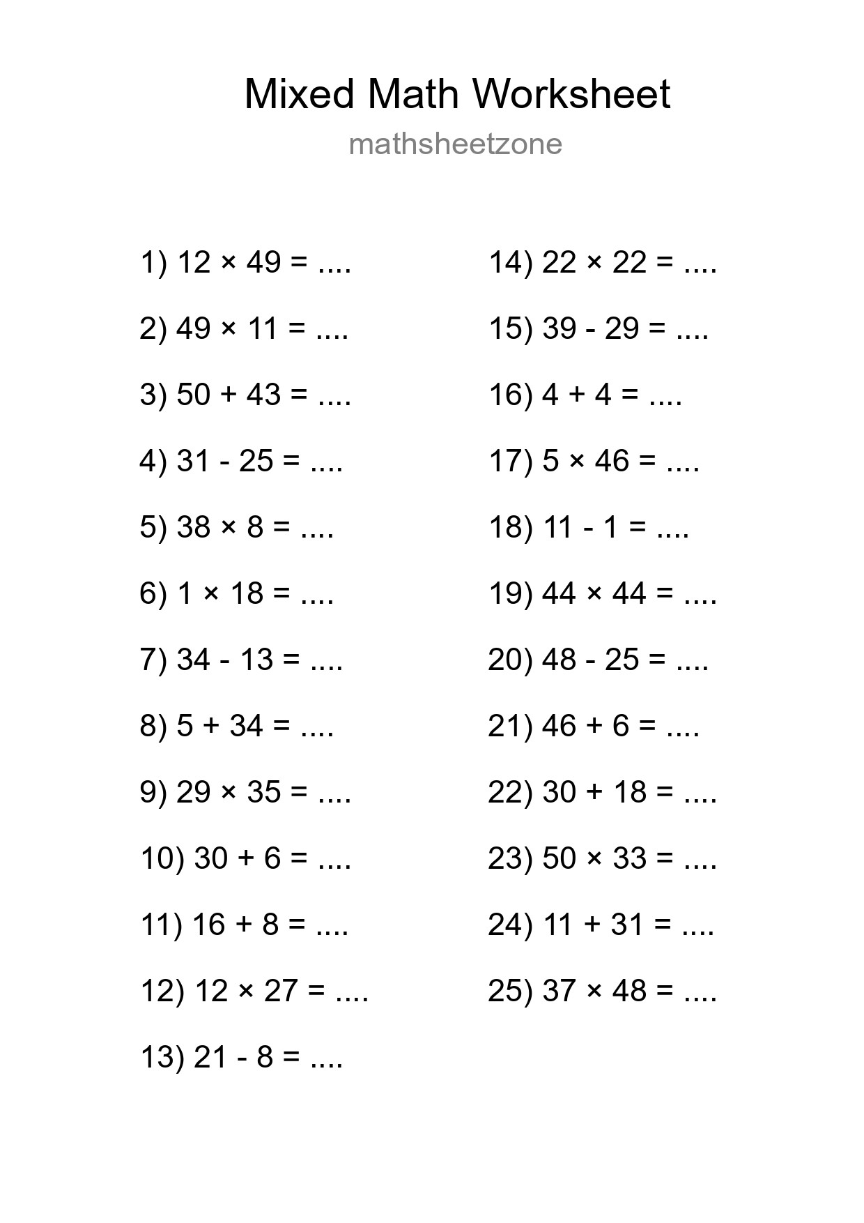 Mixed Operations Math Worksheet