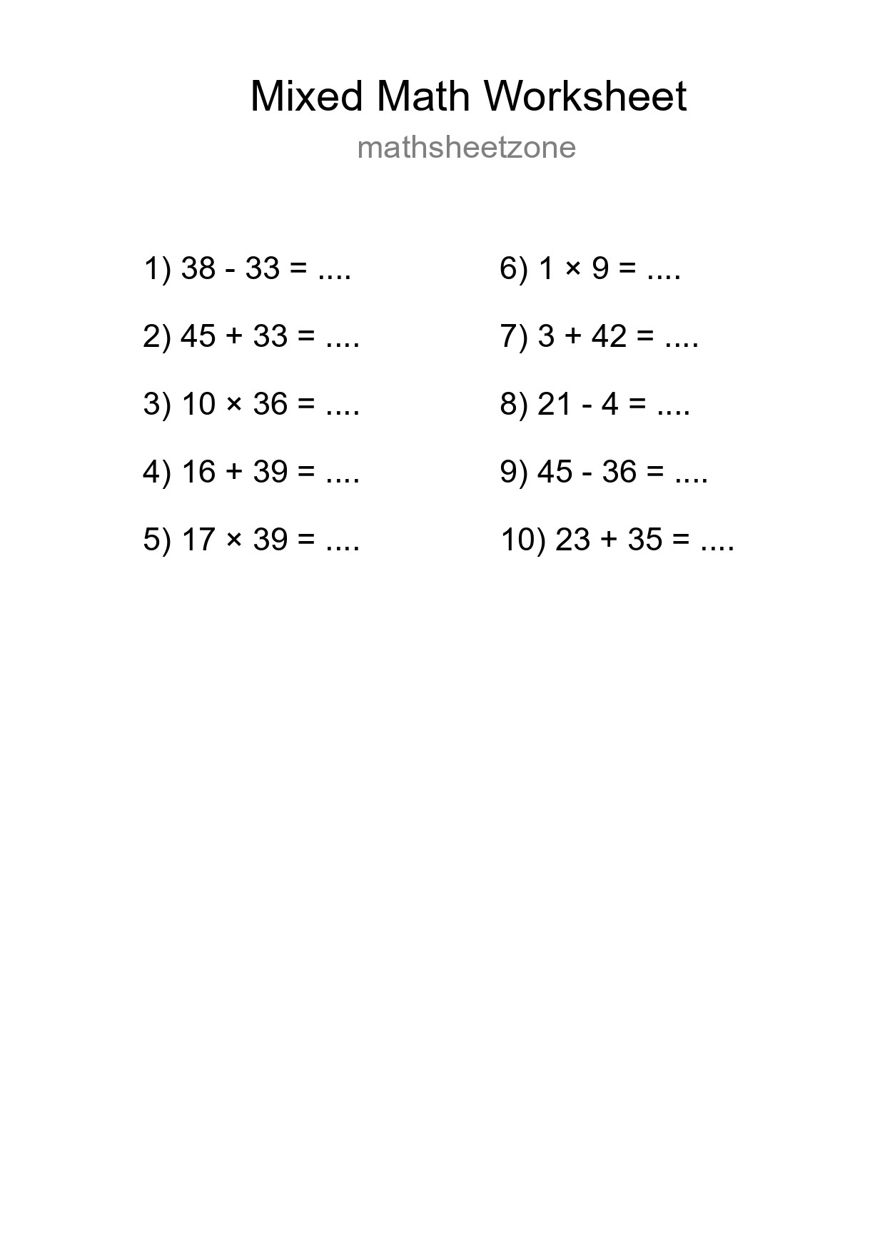Mixed Operations Math Worksheet