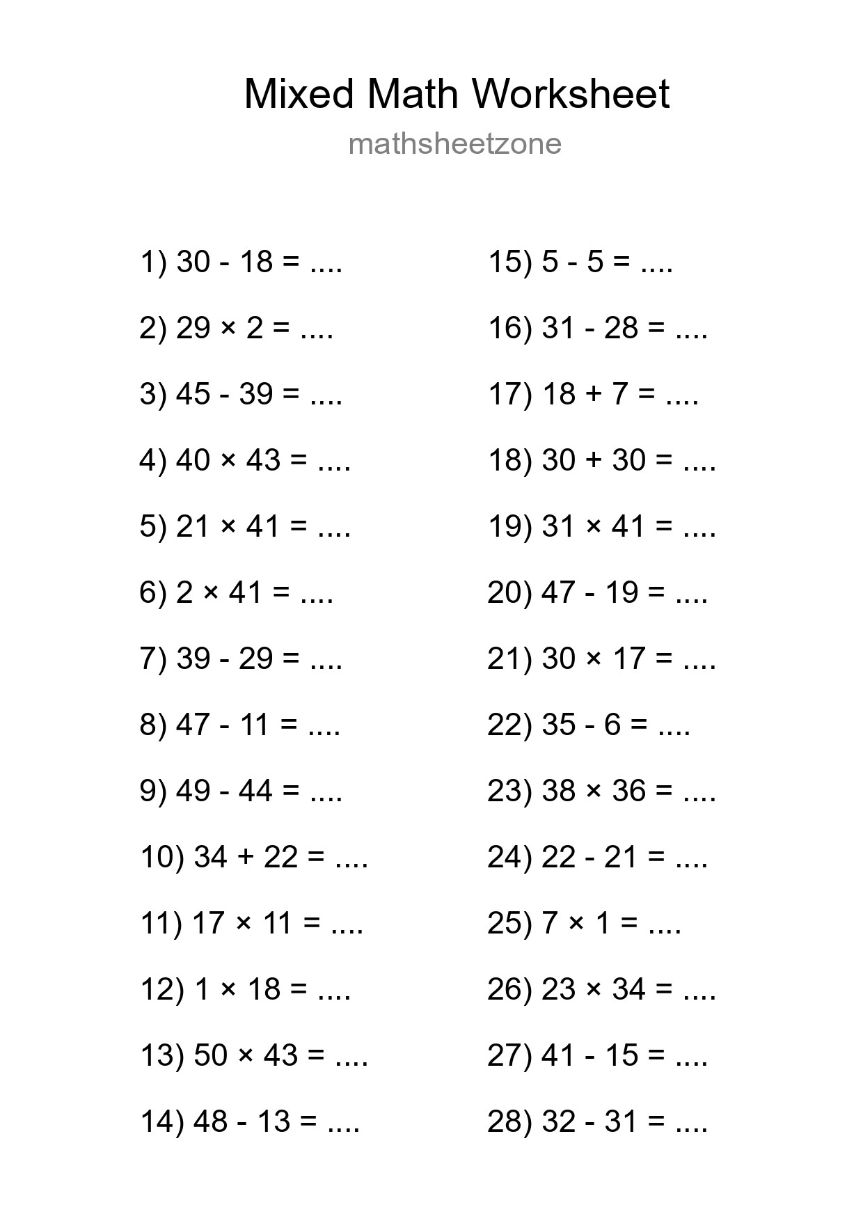Mixed Operations Math Worksheet