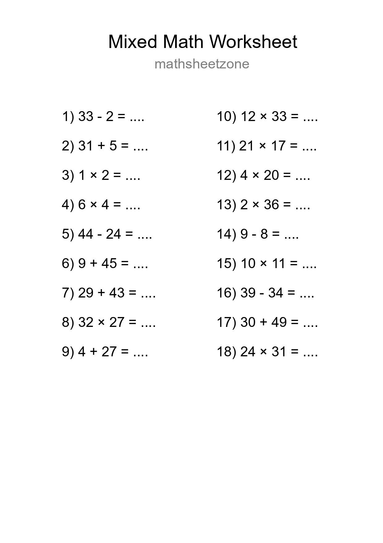 Mixed Operations Math Worksheet