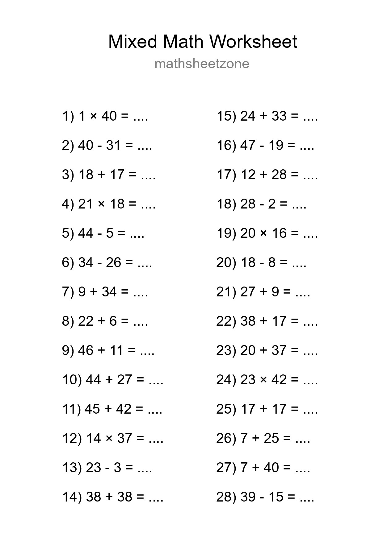 Mixed Operations Math Worksheet