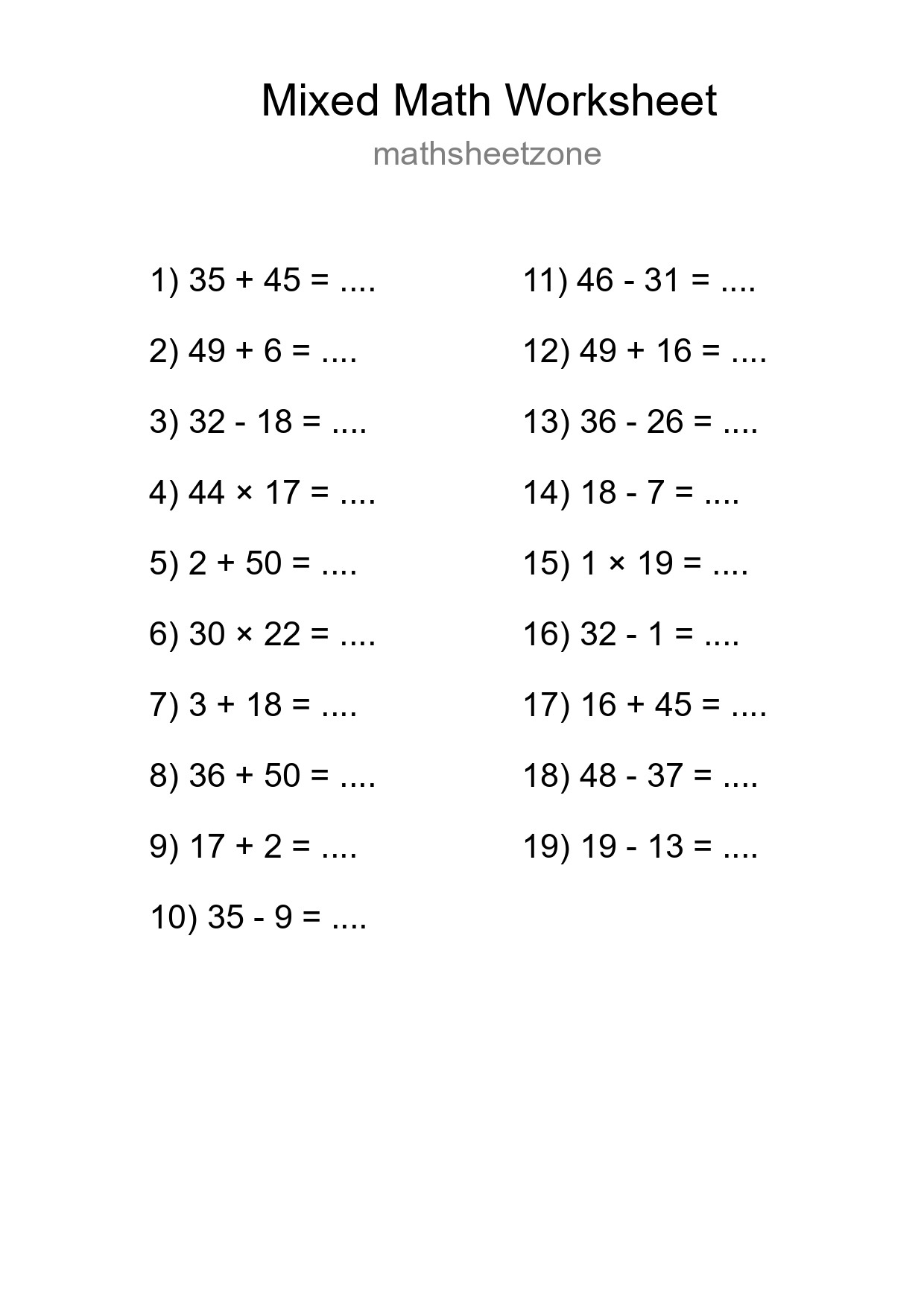 Mixed Operations Math Worksheet