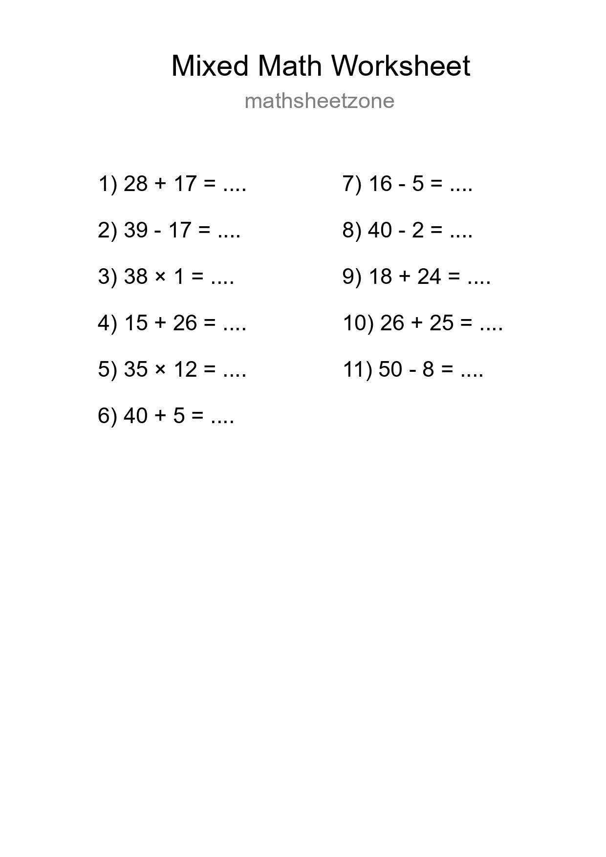 Mixed Operations Math Worksheet