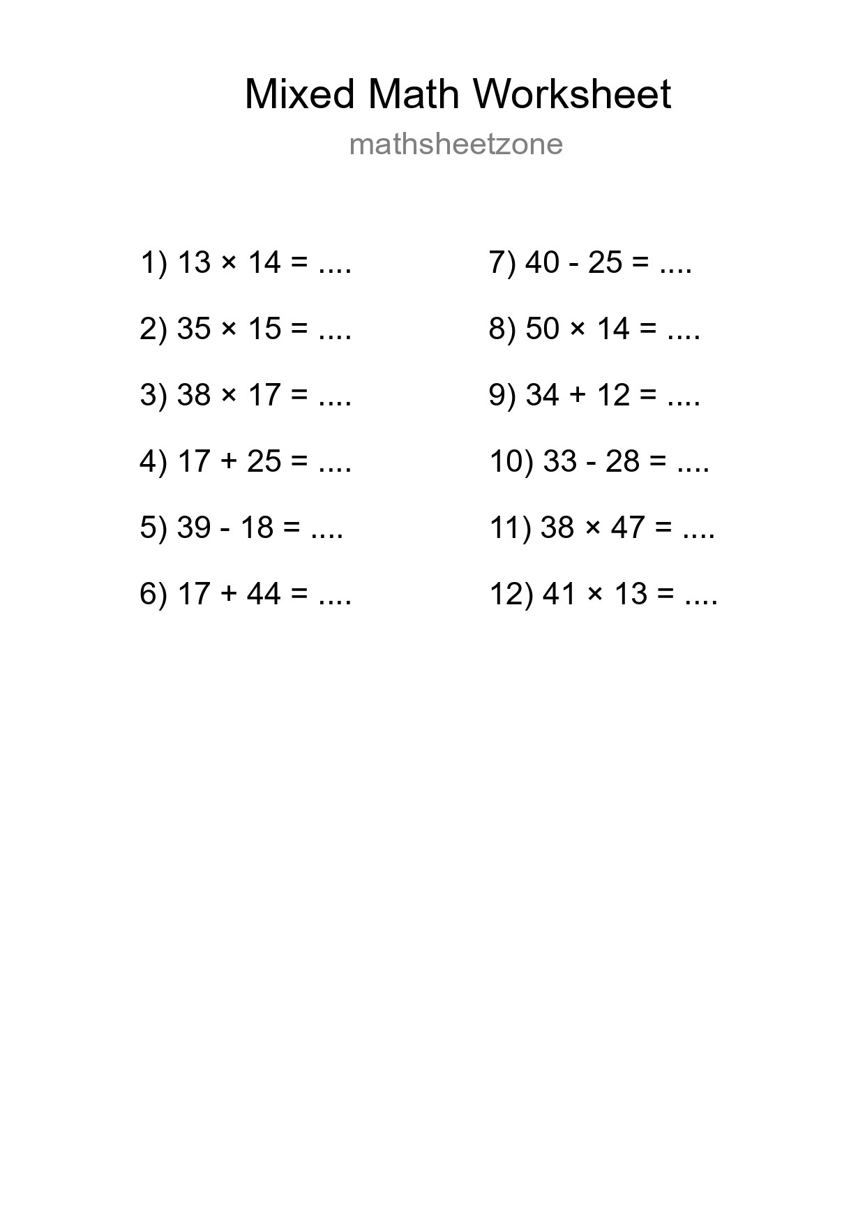 Mixed Operations Math Worksheet