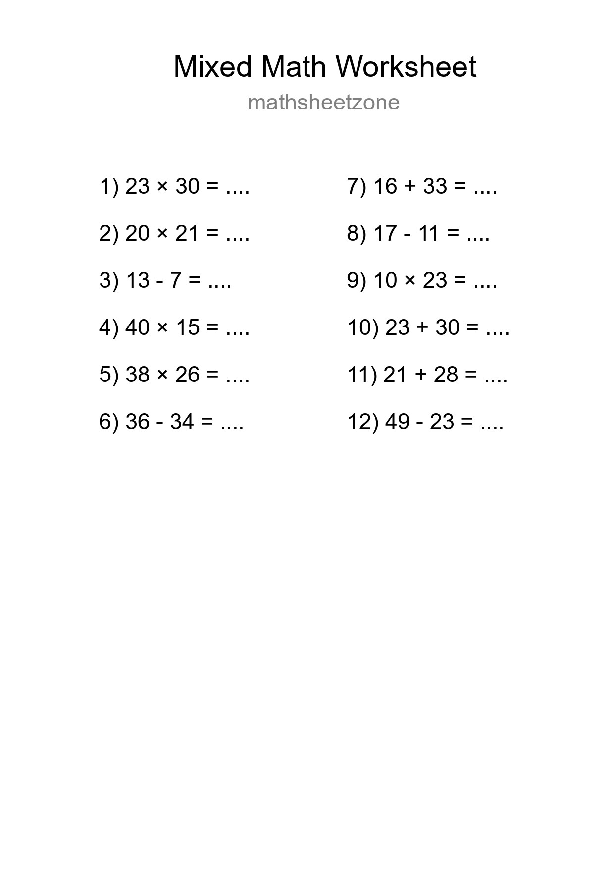 Mixed Operations Math Worksheet