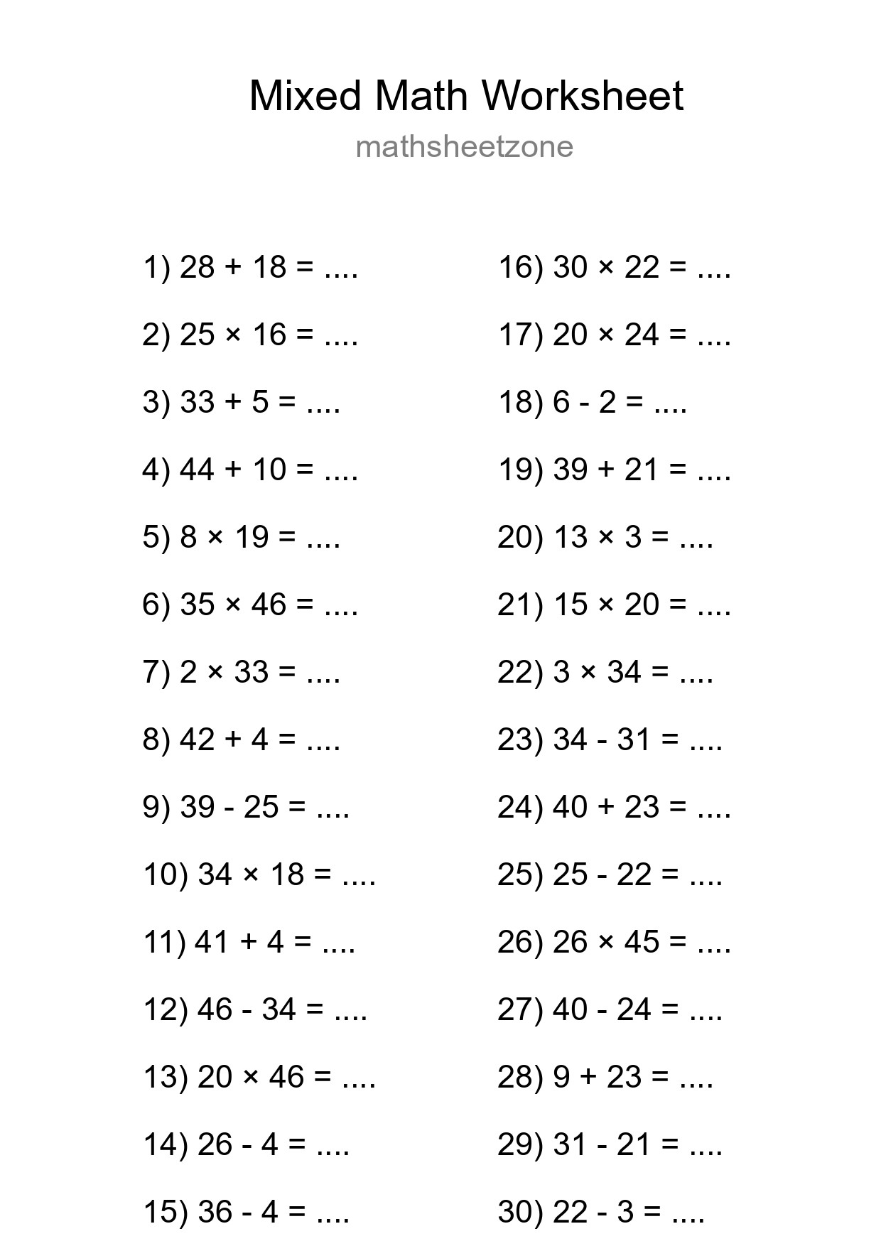 Mixed Operations Math Worksheet