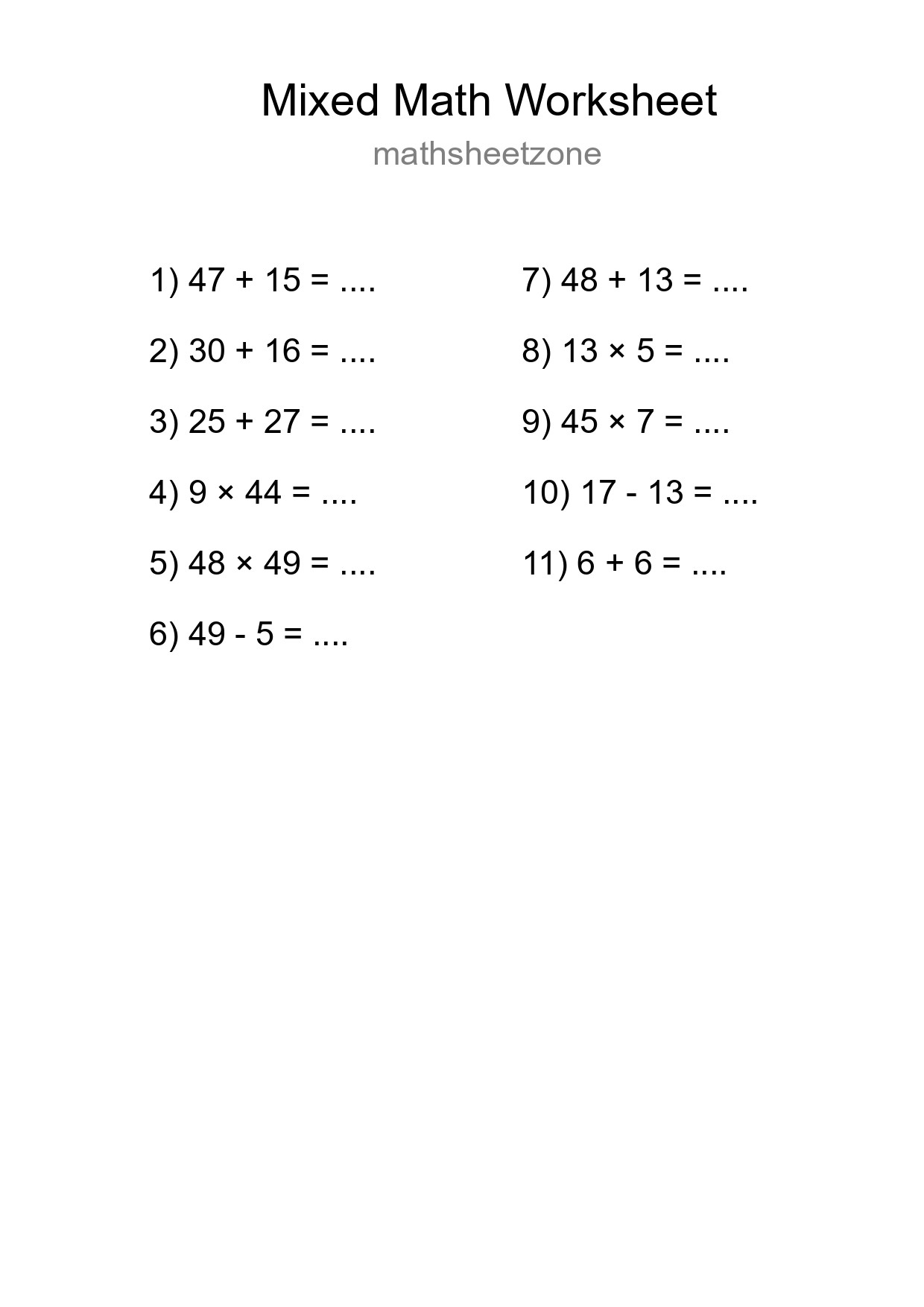 Mixed Operations Math Worksheet