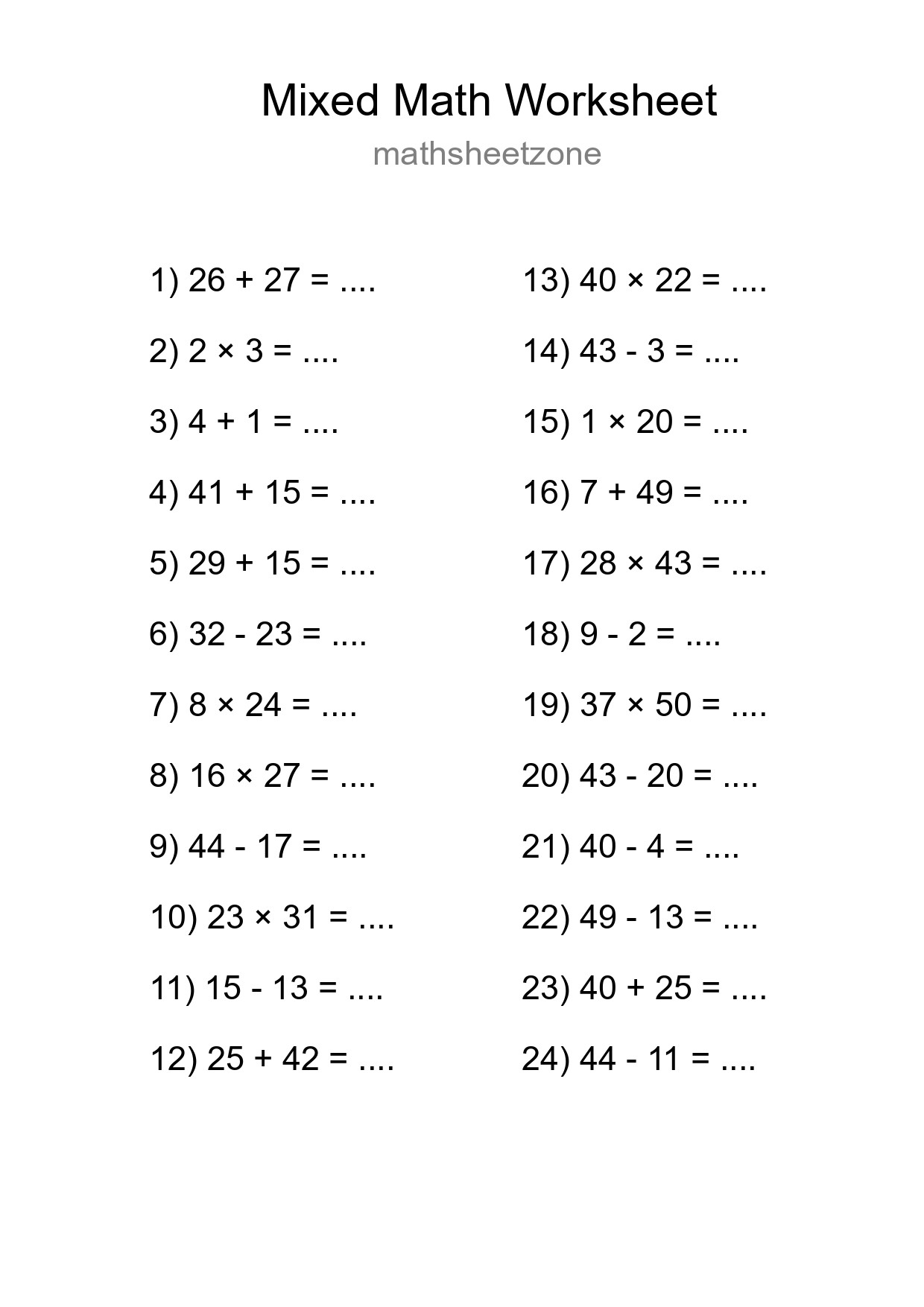 Mixed Operations Math Worksheet