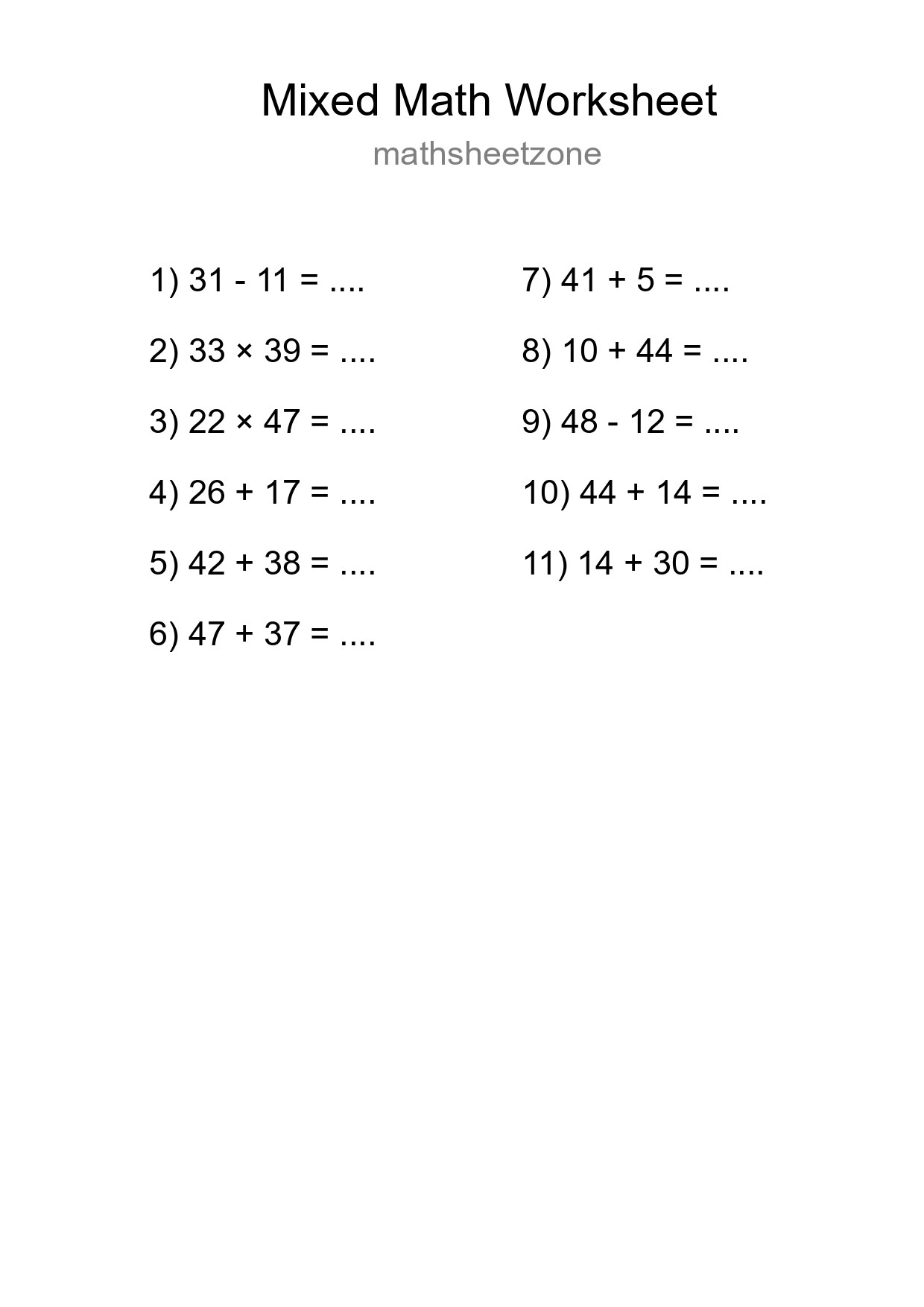 Mixed Operations Math Worksheet
