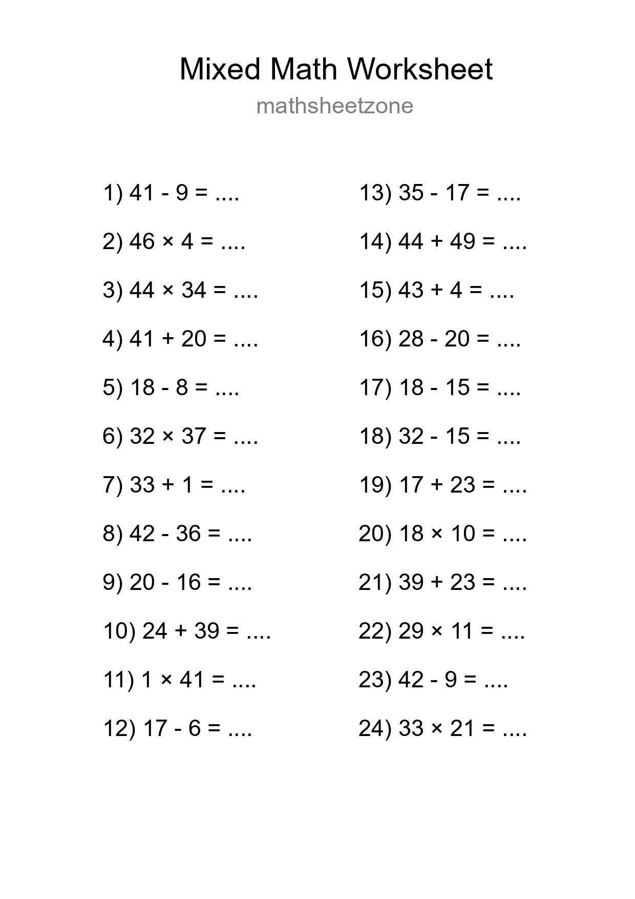 Mixed Operations Math Worksheet