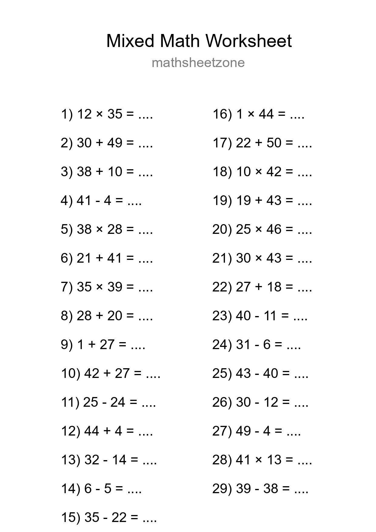 Mixed Operations Math Worksheet