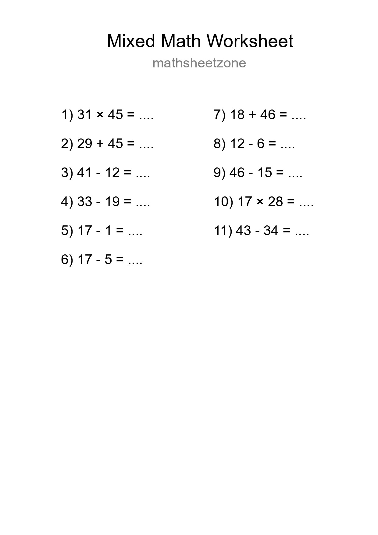 Mixed Operations Math Worksheet