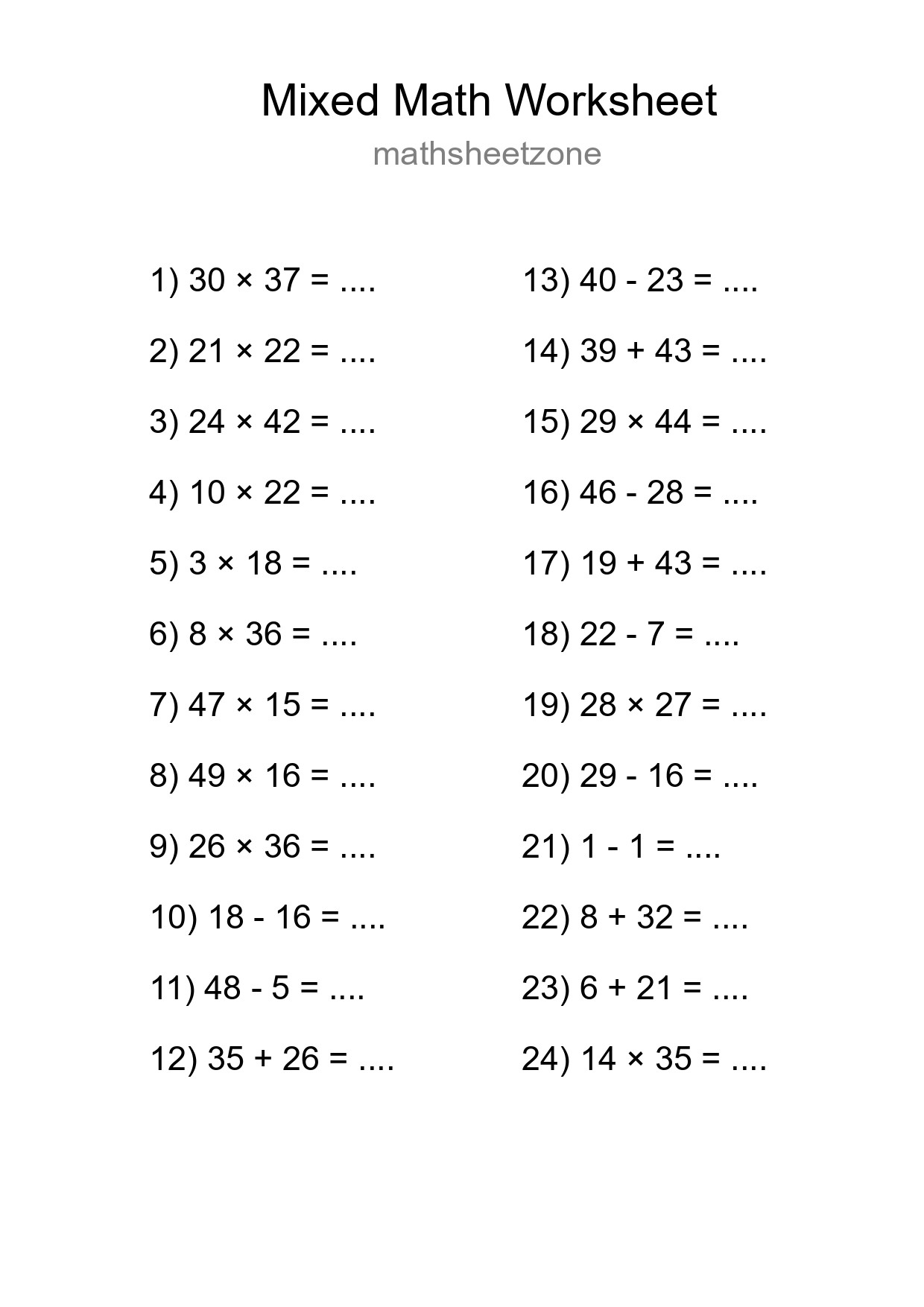 Mixed Operations Math Worksheet