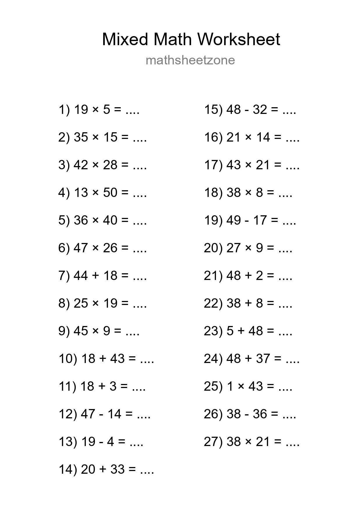 Mixed Operations Math Worksheet