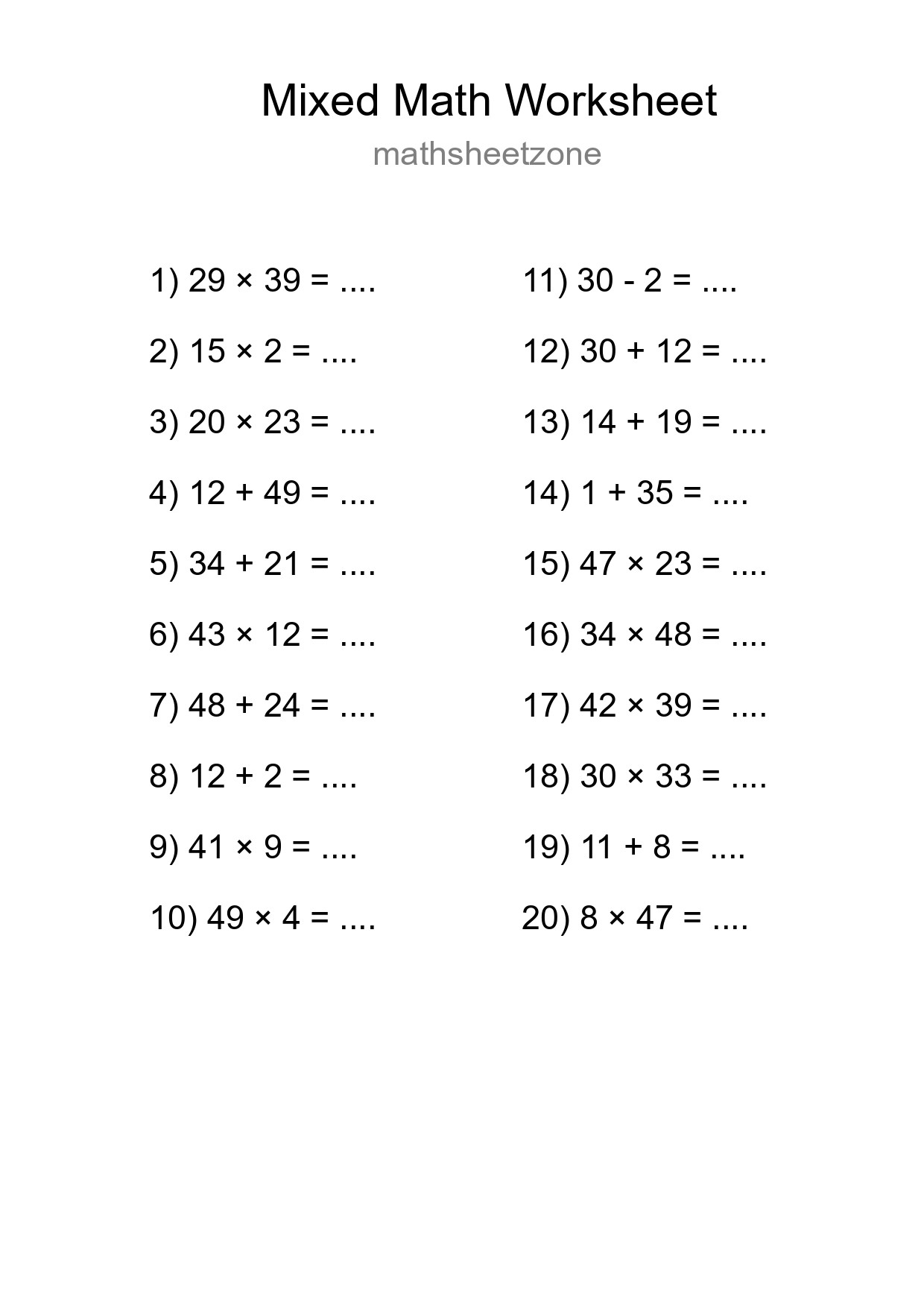Mixed Operations Math Worksheet