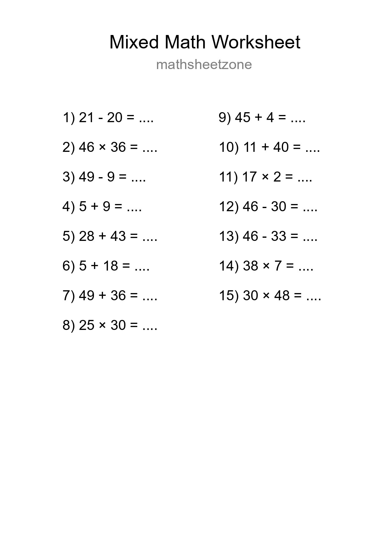 Mixed Operations Math Worksheet