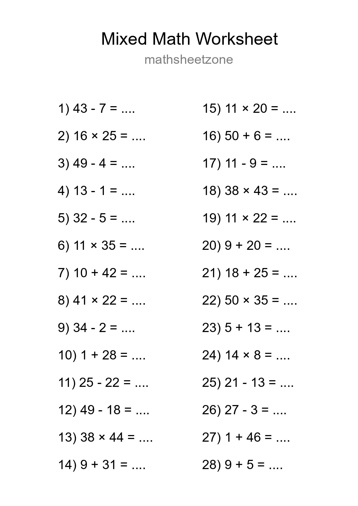Mixed Operations Math Worksheet