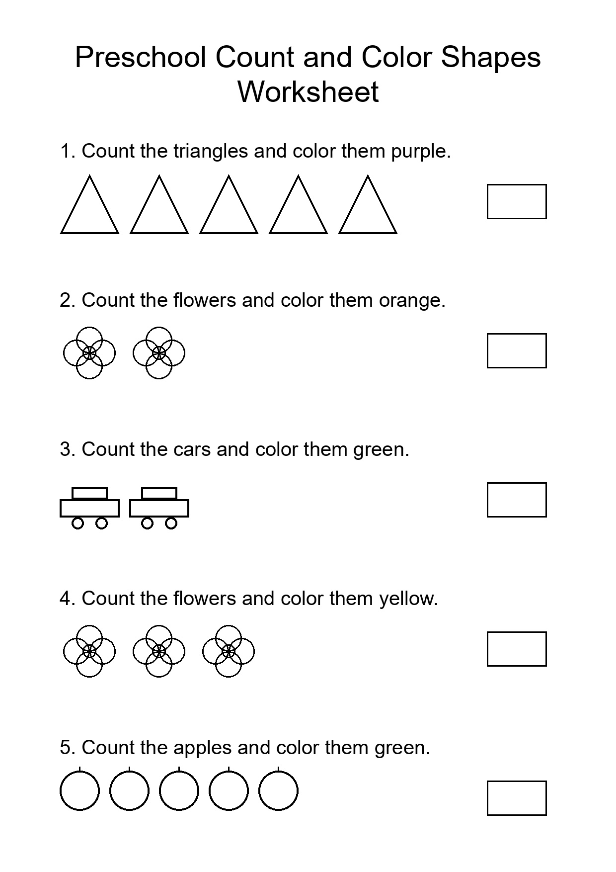 Preschool Count and Color Shapes Worksheet
