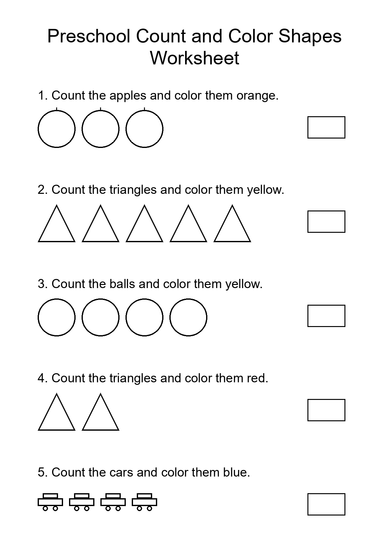 Preschool Count and Color Shapes Worksheet